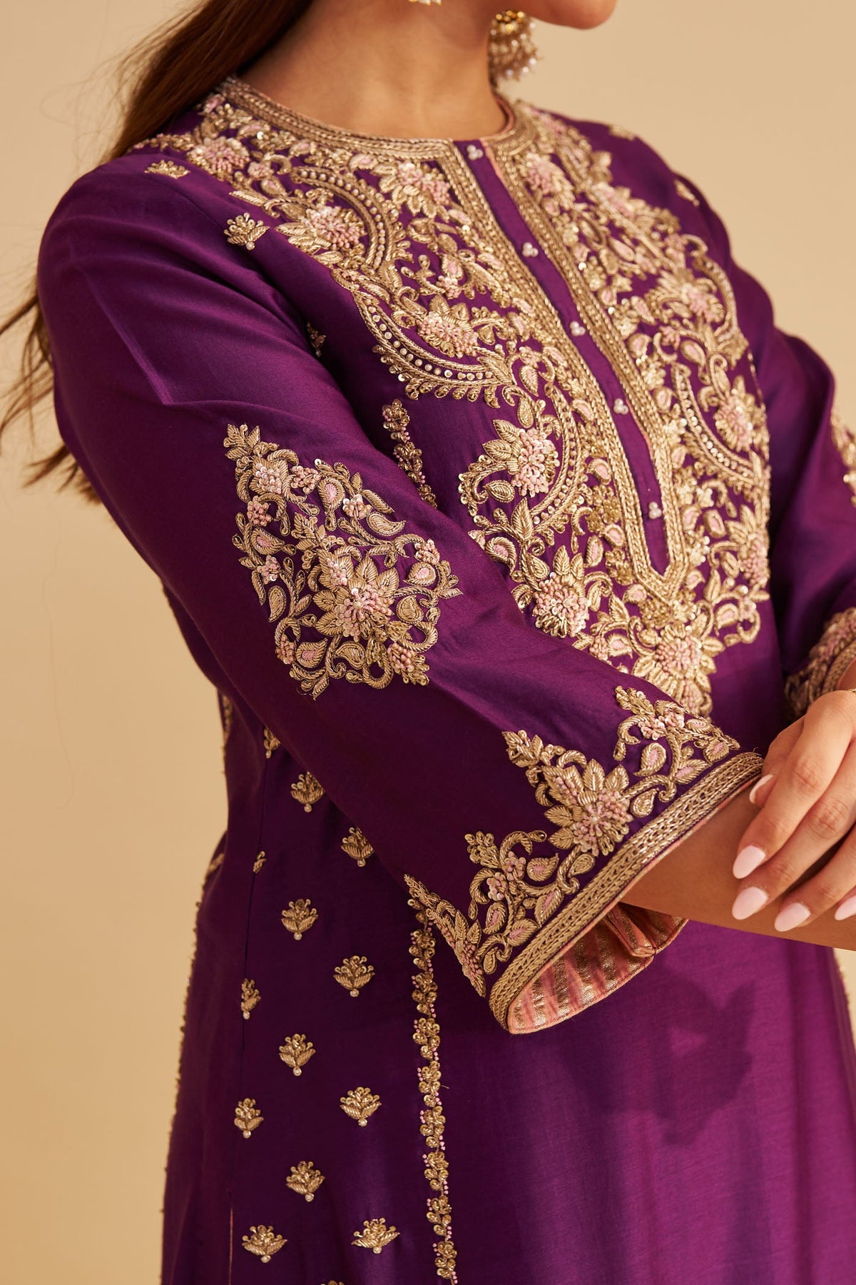 Anaiza - Dabka Zardozi Embroidered Purple Long Kurta & Palazzo with Dupatta