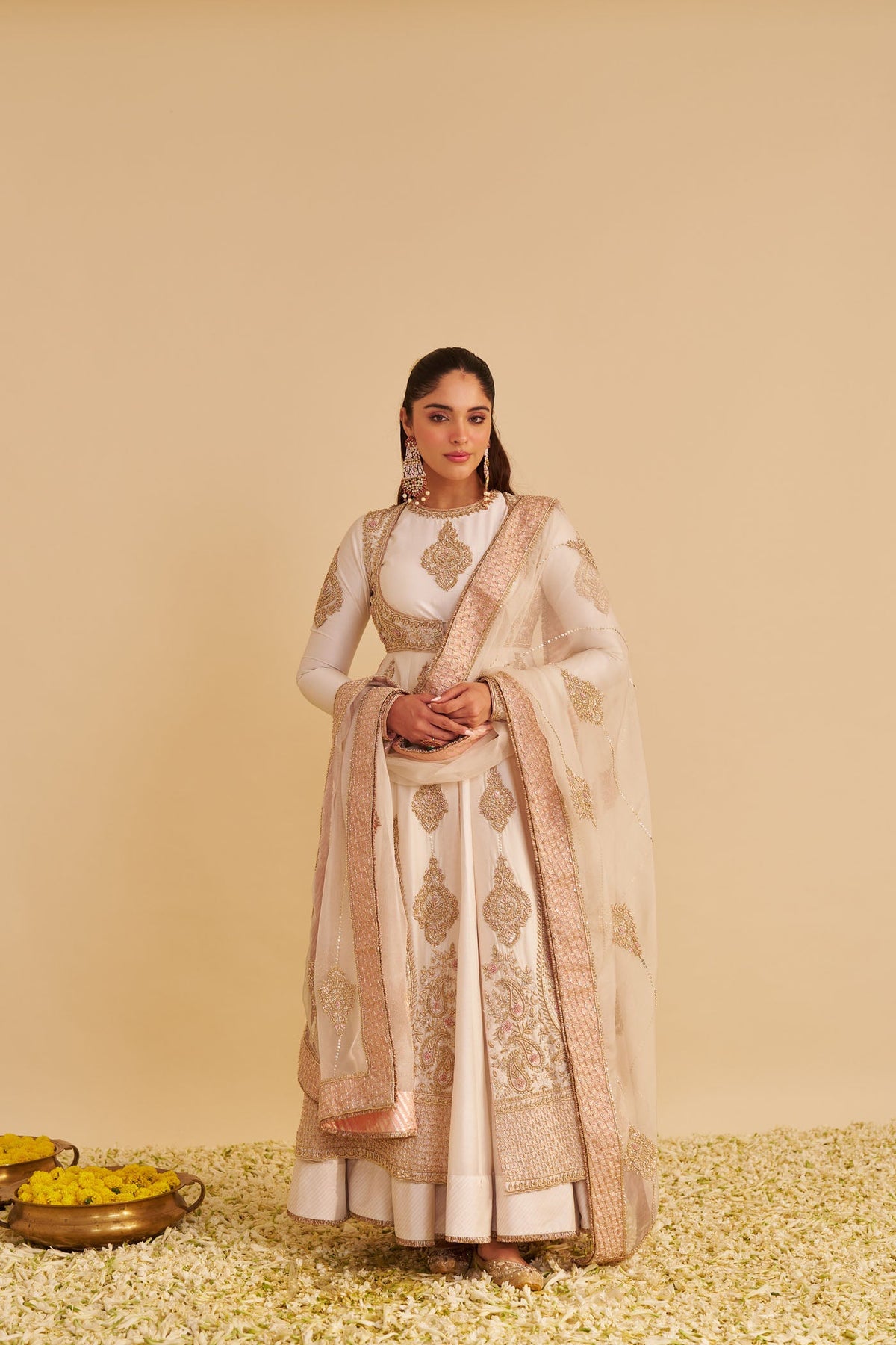 Zainah - Dabka Zardozi Embroidered Silk Daisy Ivory Anarkali  Set