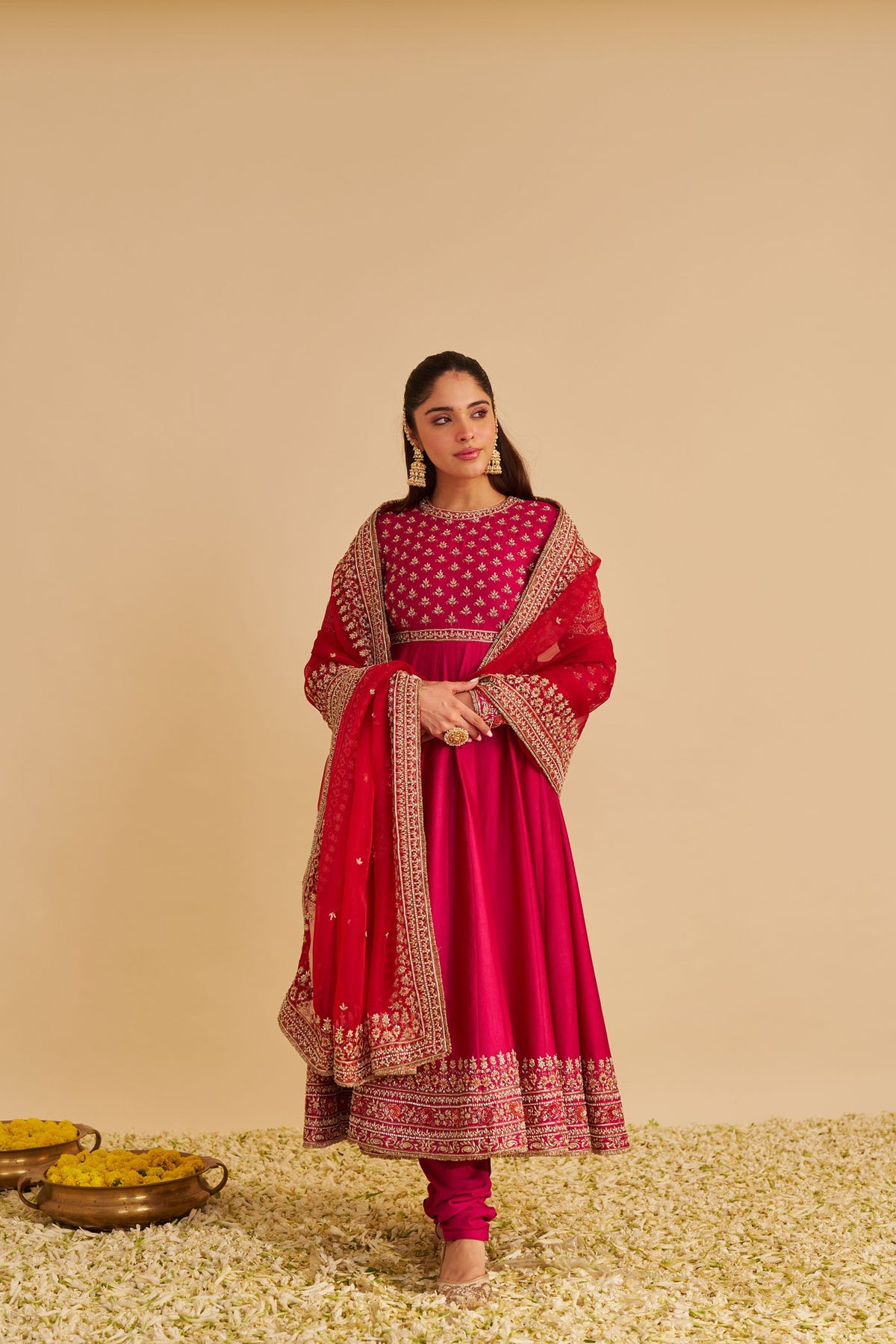 Noor - Dabka Zardozi Embroidered Chanderi Silk Rani Hotpink Anarkali  Set