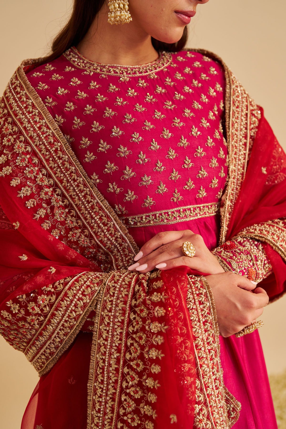 Noor - Dabka Zardozi Embroidered Chanderi Silk Rani Hotpink Anarkali  Set