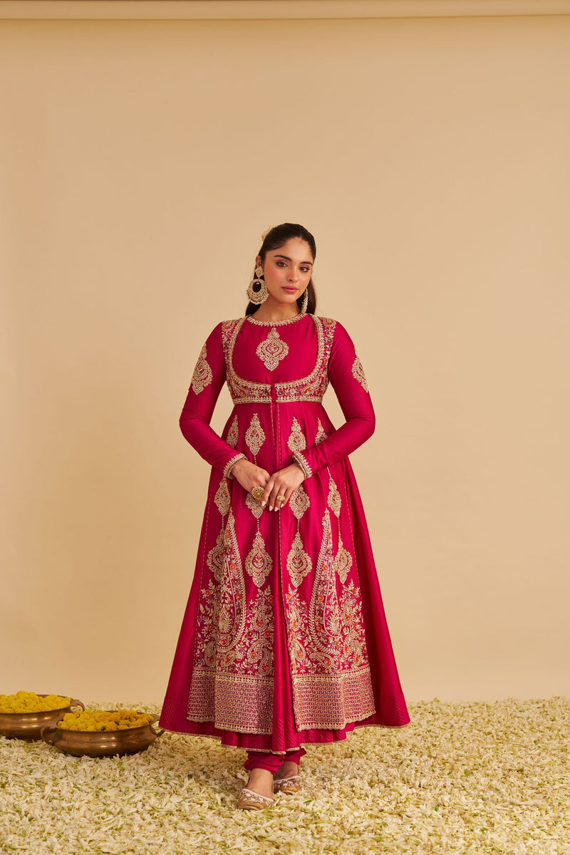 Zainah - Dabka Zardozi Embroidered Silk Rani Hotpink Anarkali  Set