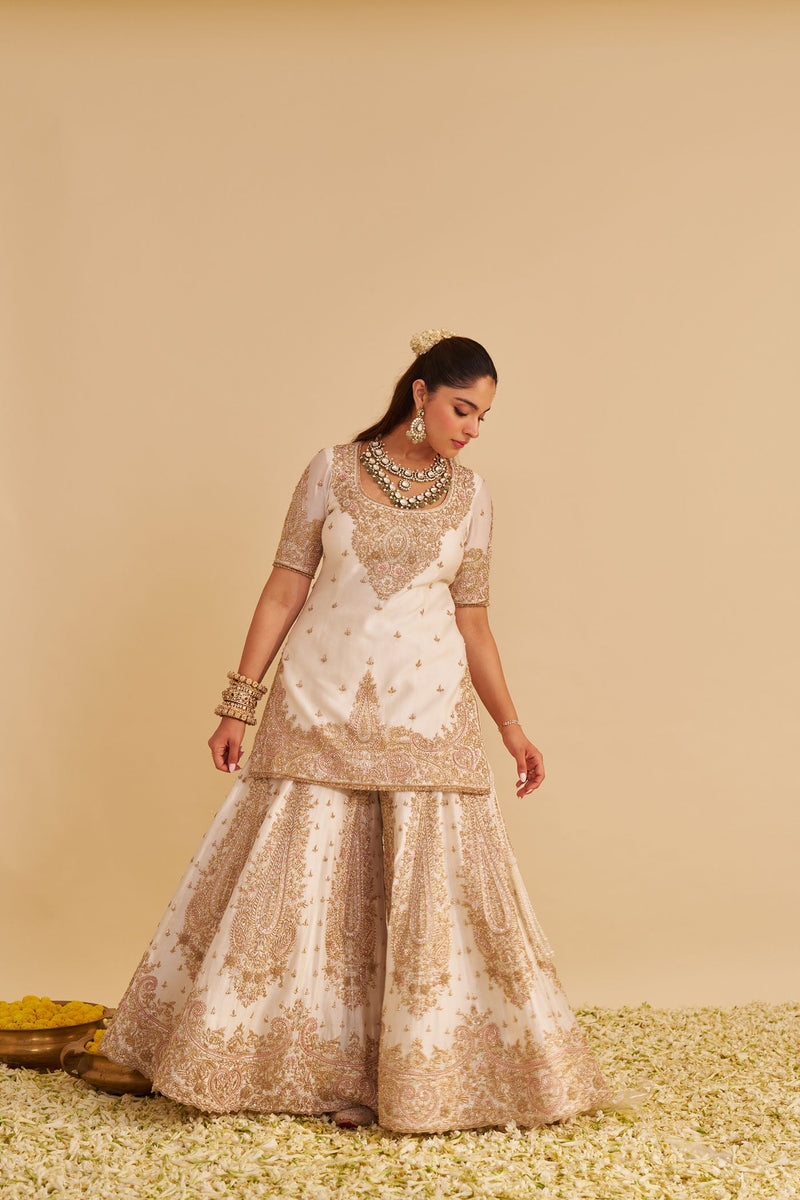 Alina - Dabka Zardozi Embroidered Silk Daisy Ivory Sharara Set (LXRTS)