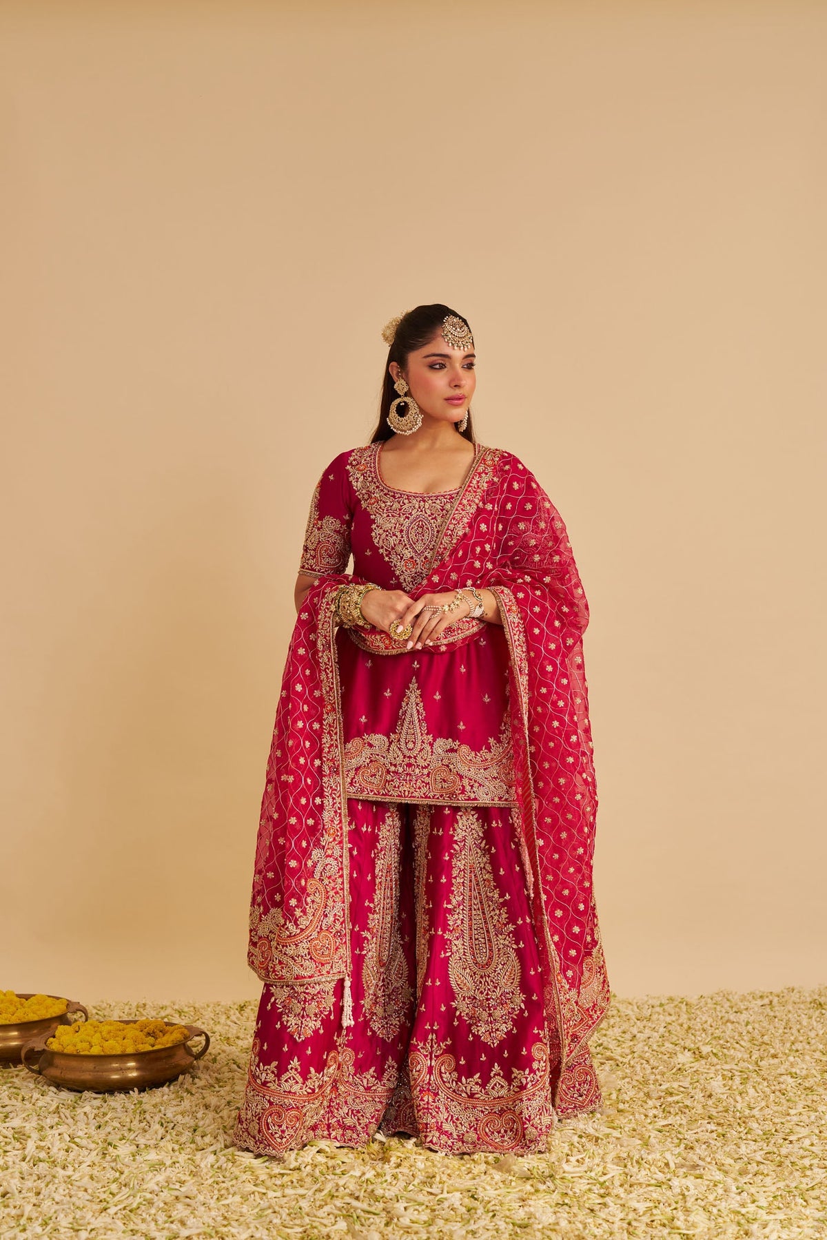 Alina - Dabka Zardozi Embroidered Silk Rani Hotpink Sharara Set (LXRTS)