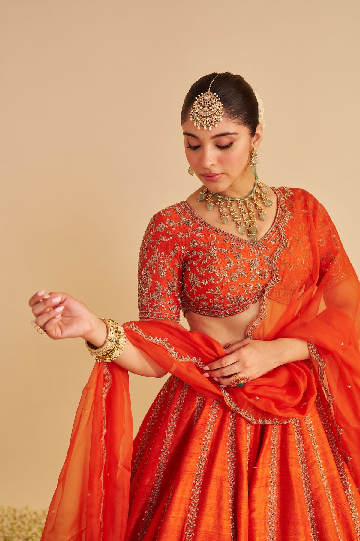 Naazila - Dabka Zardozi Embroidered Raw Silk Burnt Orange Lehenga Set