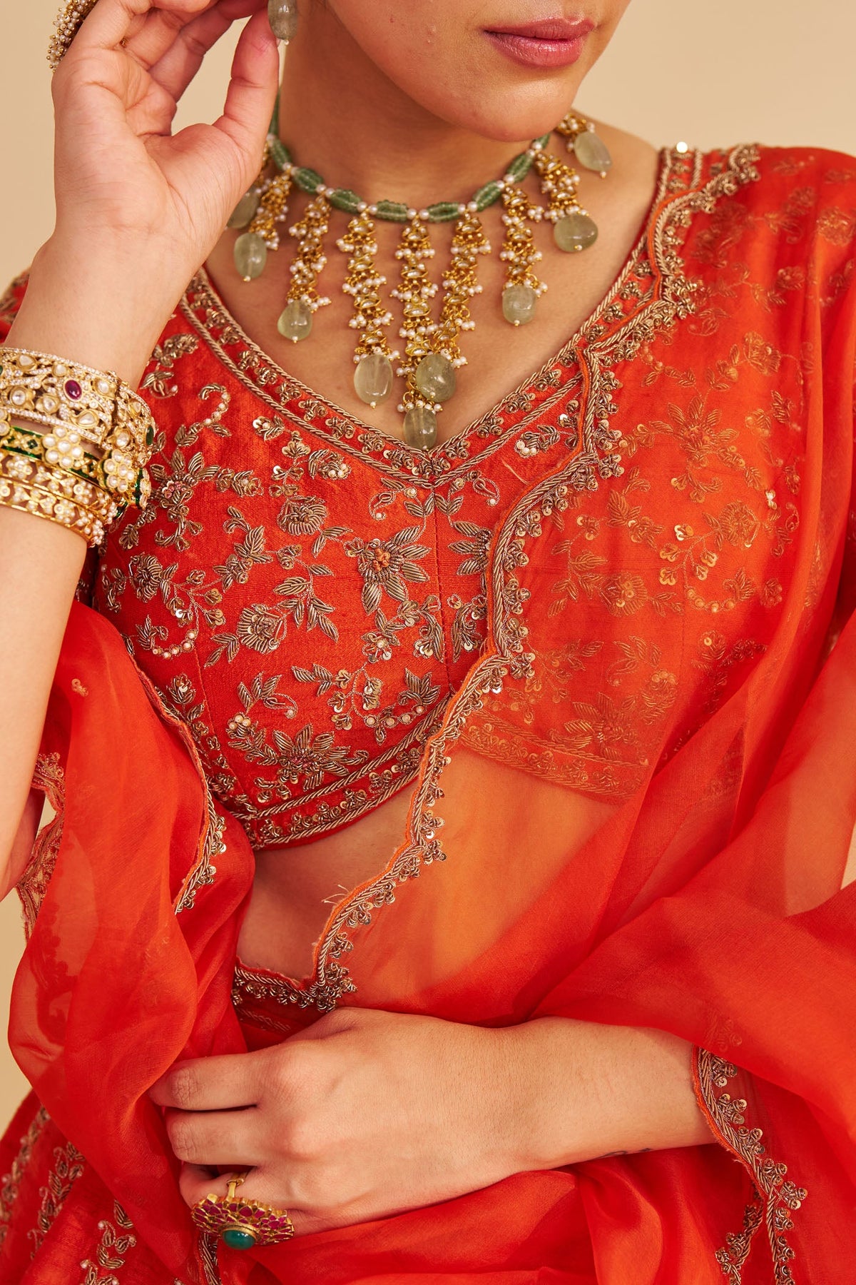 Naazila - Dabka Zardozi Embroidered Raw Silk Burnt Orange Lehenga Set