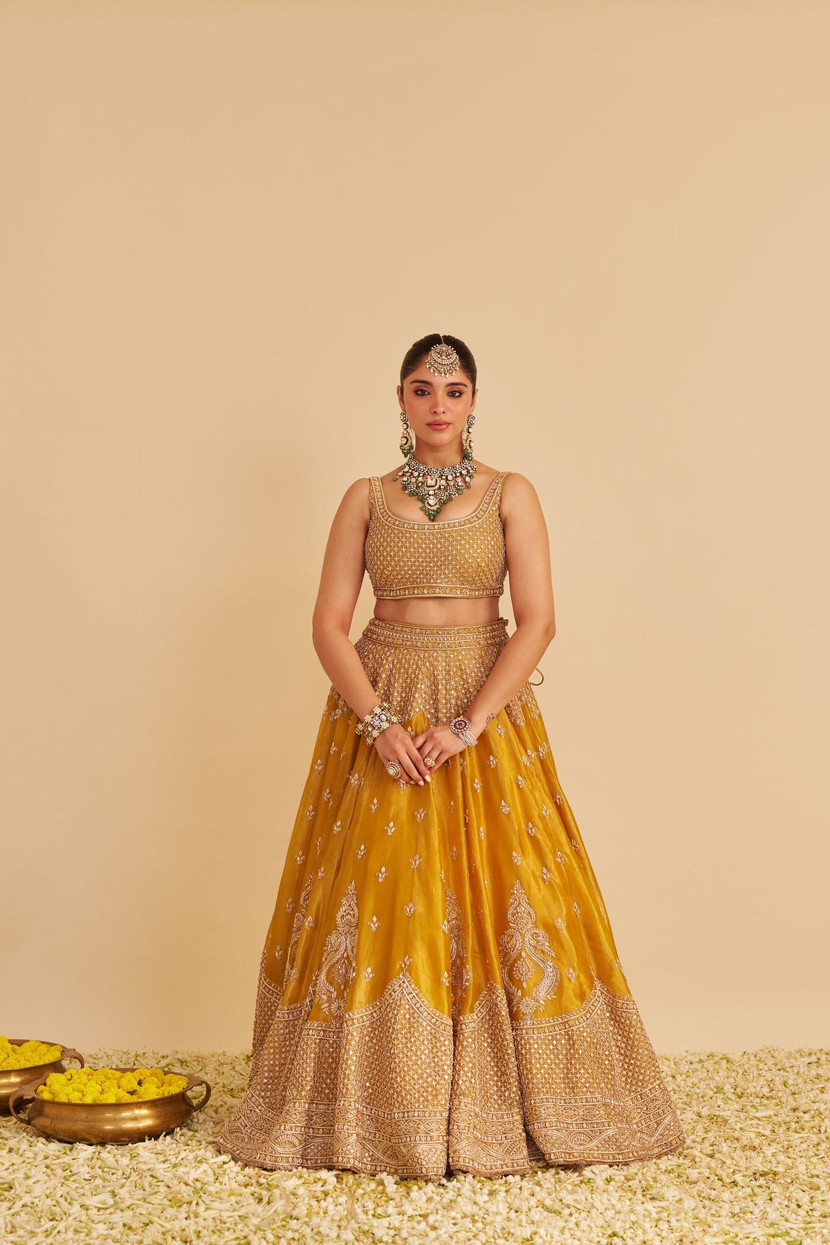 Aashina  - Dabka Zardozi Embroidered Pure Tissue Mustard Gold Lehenga Set