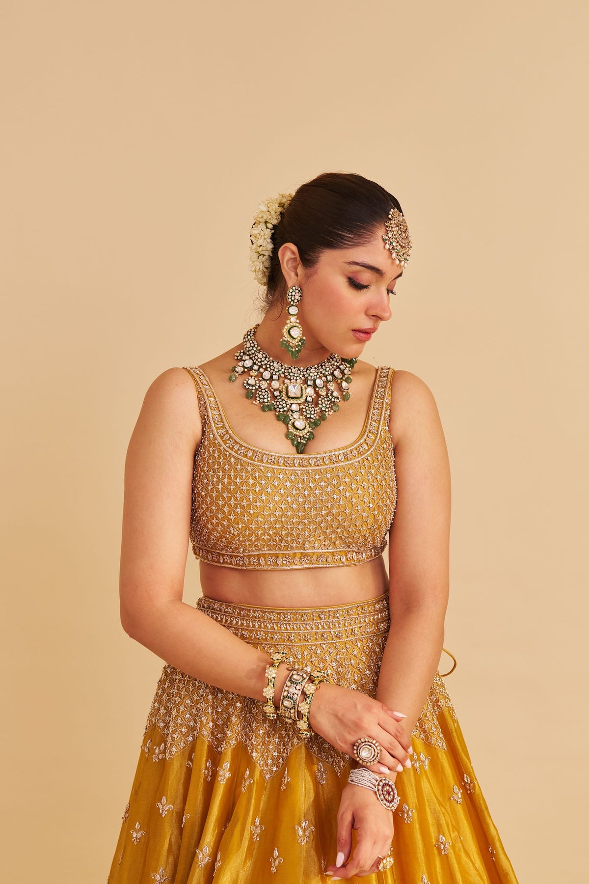 Aashina  - Dabka Zardozi Embroidered Pure Tissue Mustard Gold Lehenga Set
