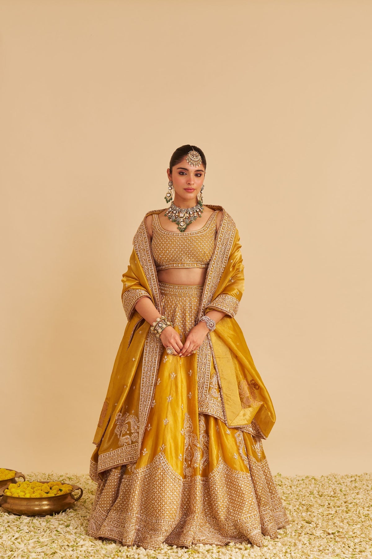 Aashina  - Dabka Zardozi Embroidered Pure Tissue Mustard Gold Lehenga Set