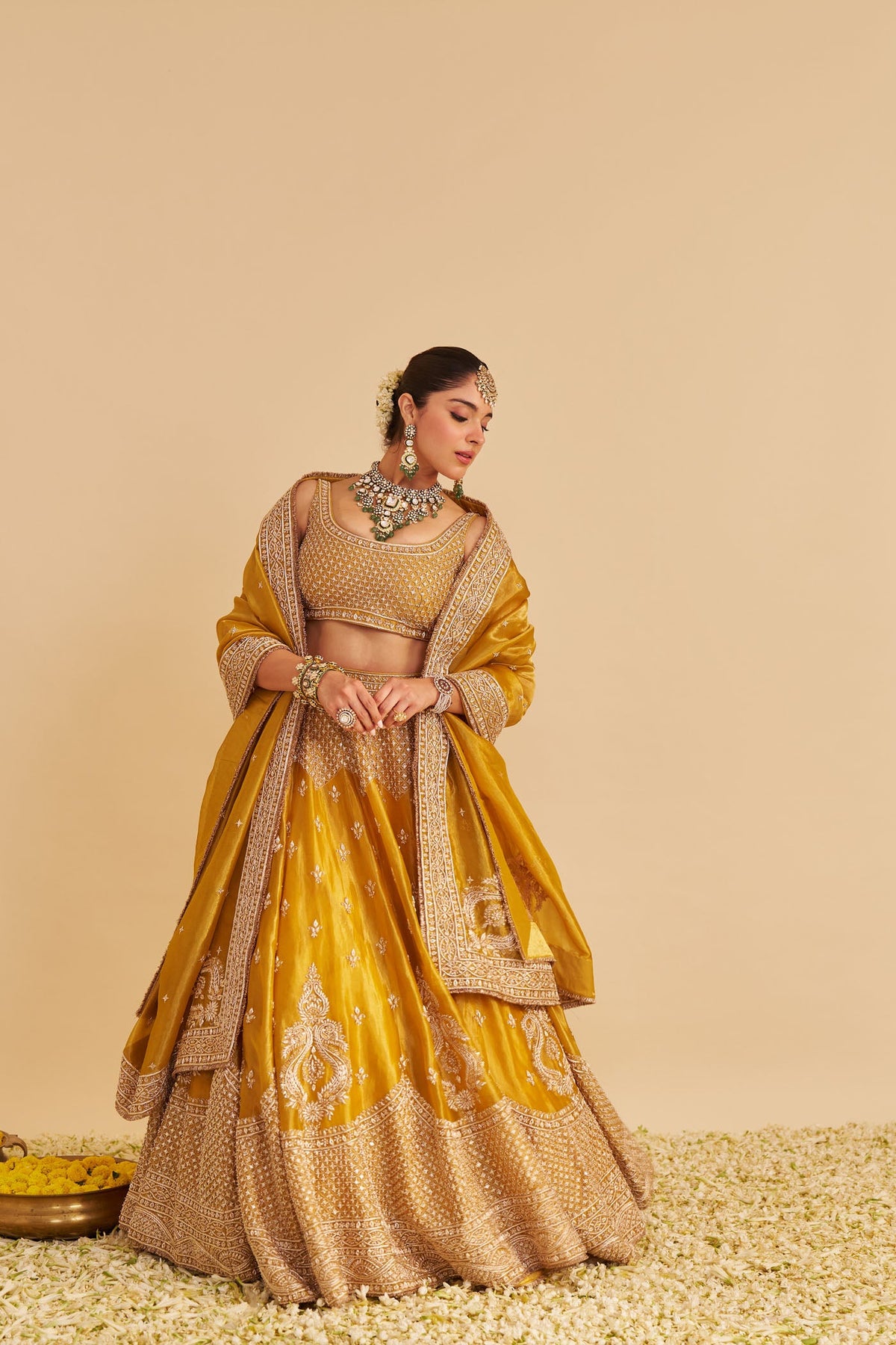 Aashina  - Dabka Zardozi Embroidered Pure Tissue Mustard Gold Lehenga Set