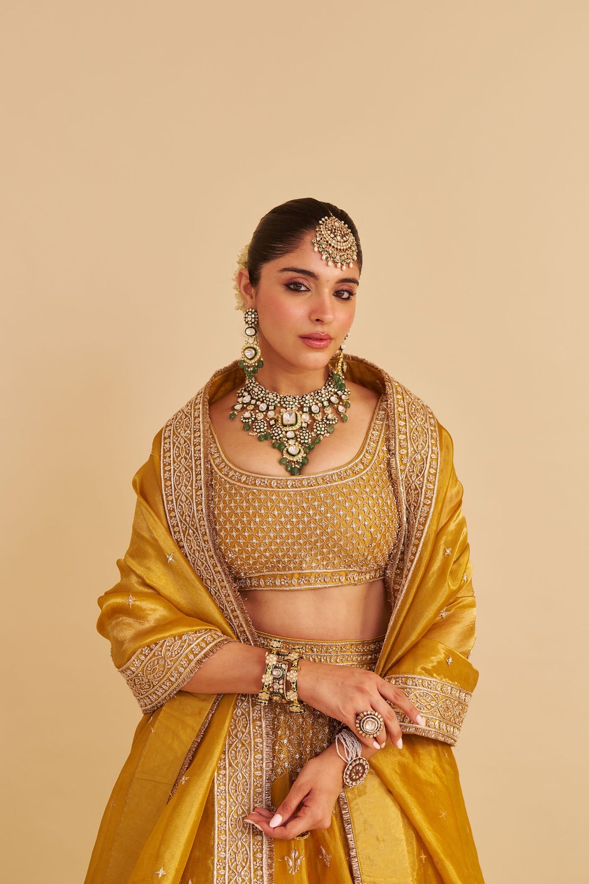 Aashina  - Dabka Zardozi Embroidered Pure Tissue Mustard Gold Lehenga Set