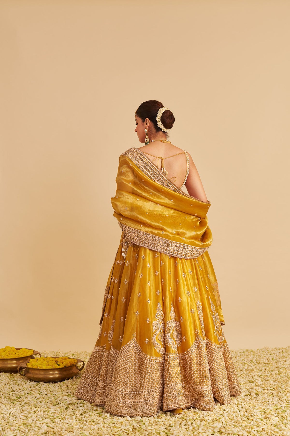 Aashina  - Dabka Zardozi Embroidered Pure Tissue Mustard Gold Lehenga Set