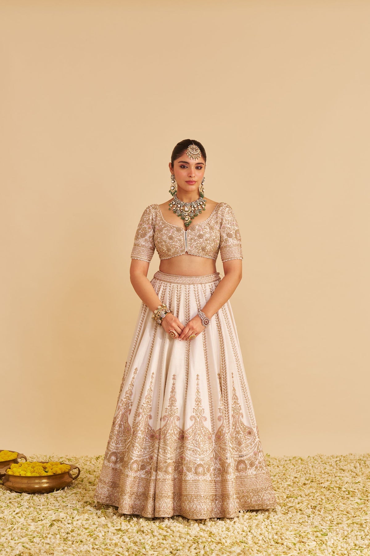 Farah - Dabka Zardozi Embroidered Pure Silk Daisy Ivory Lehenga Set (LXRTS)