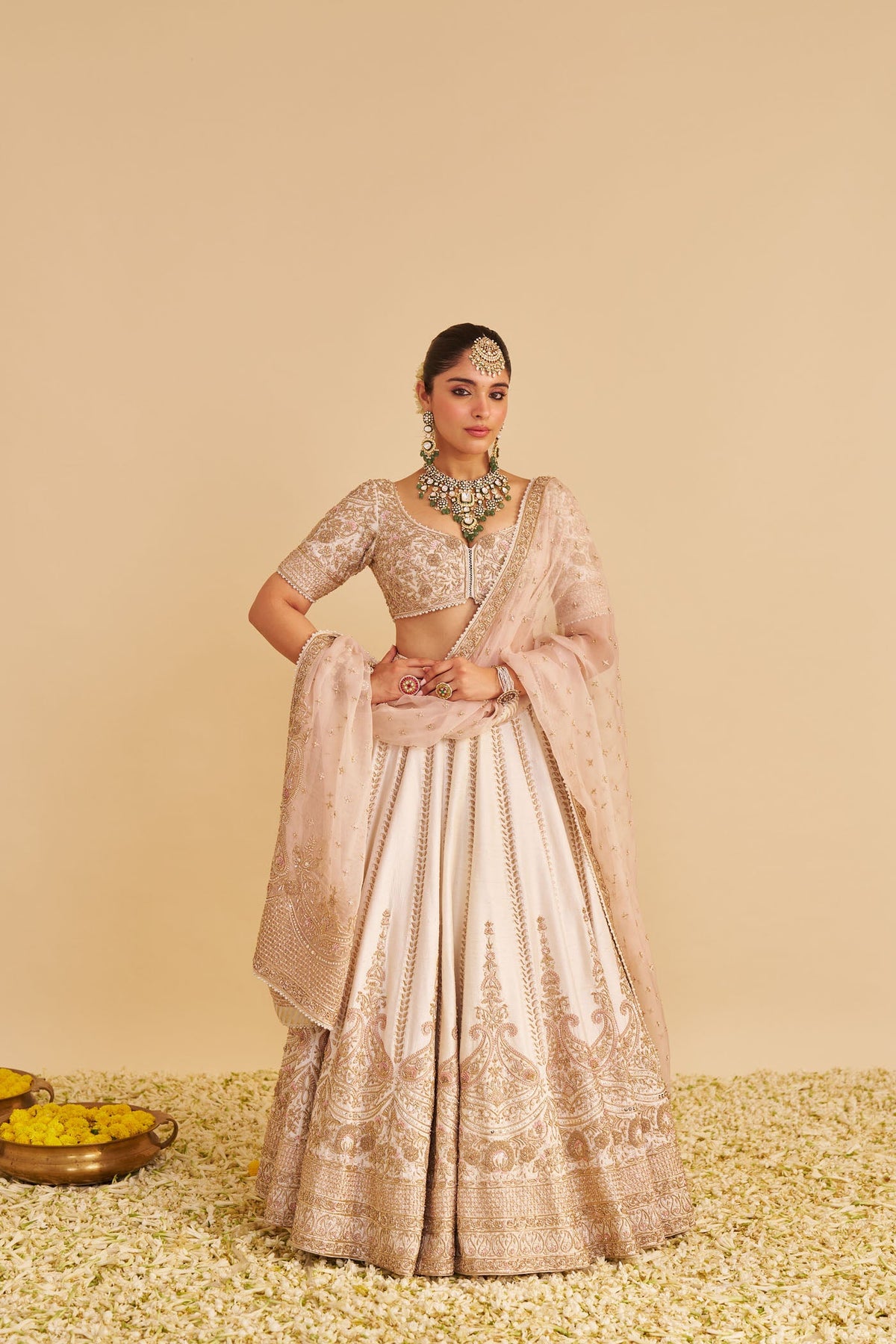 Farah - Dabka Zardozi Embroidered Pure Silk Daisy Ivory Lehenga Set (LXRTS)