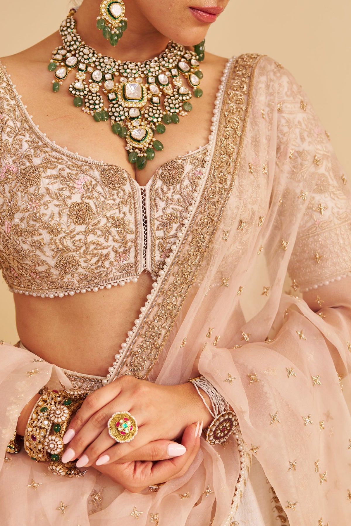 Farah - Dabka Zardozi Embroidered Pure Silk Daisy Ivory Lehenga Set (LXRTS)