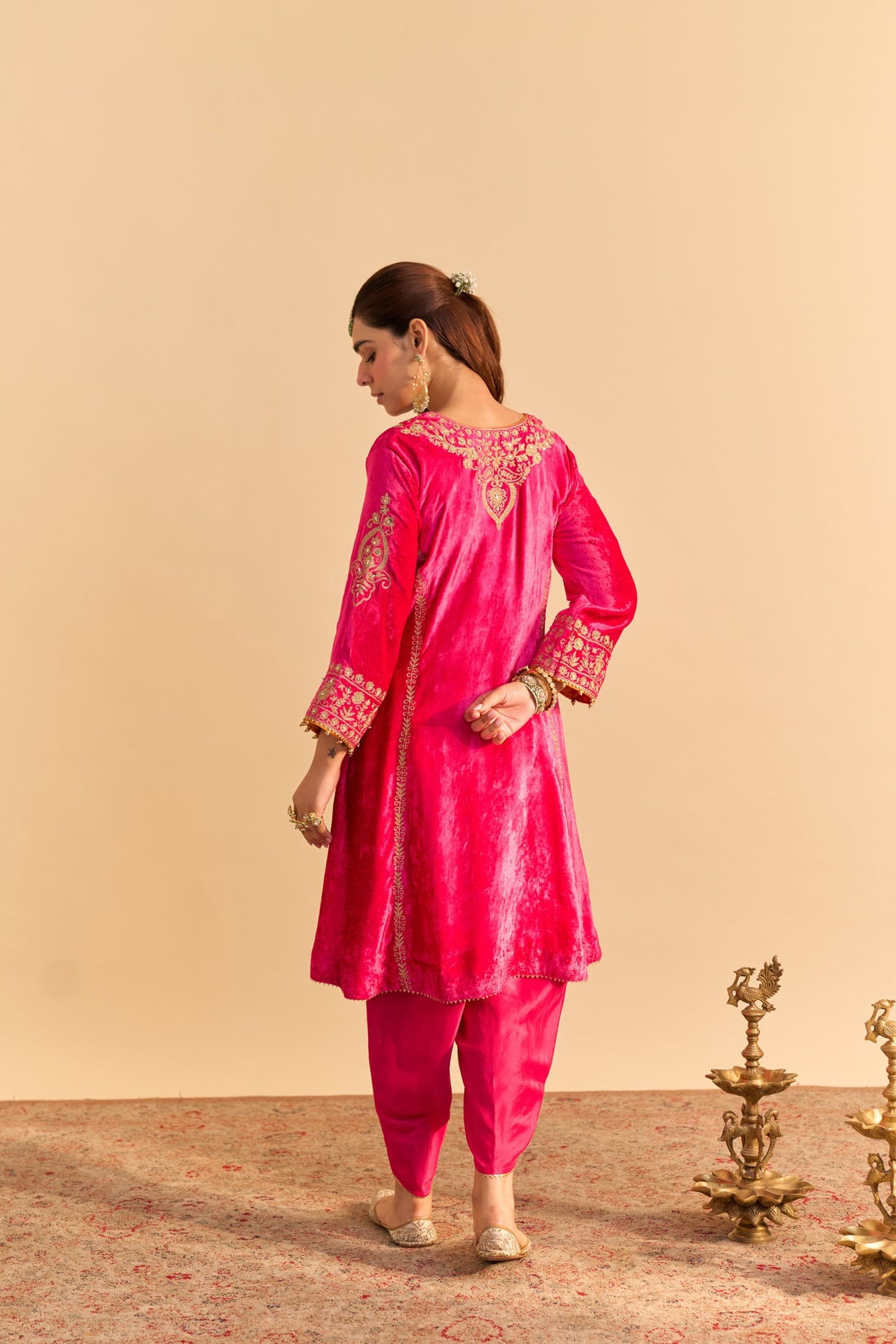Ziara - Silk Velvet Rani Hotpink Kurta with Dhoti