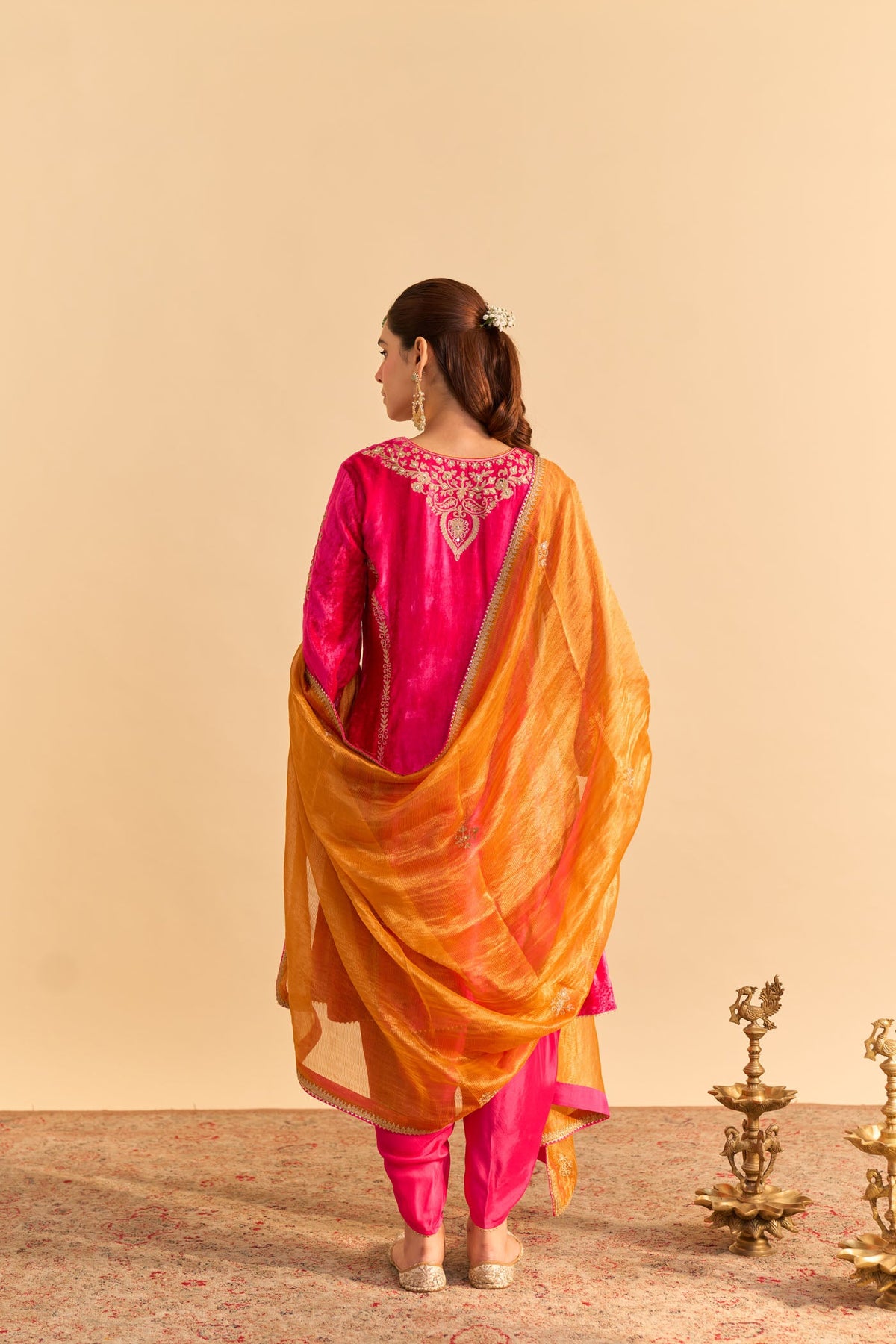 Ziara - Silk Velvet Rani Hotpink Kurta with Dhoti
