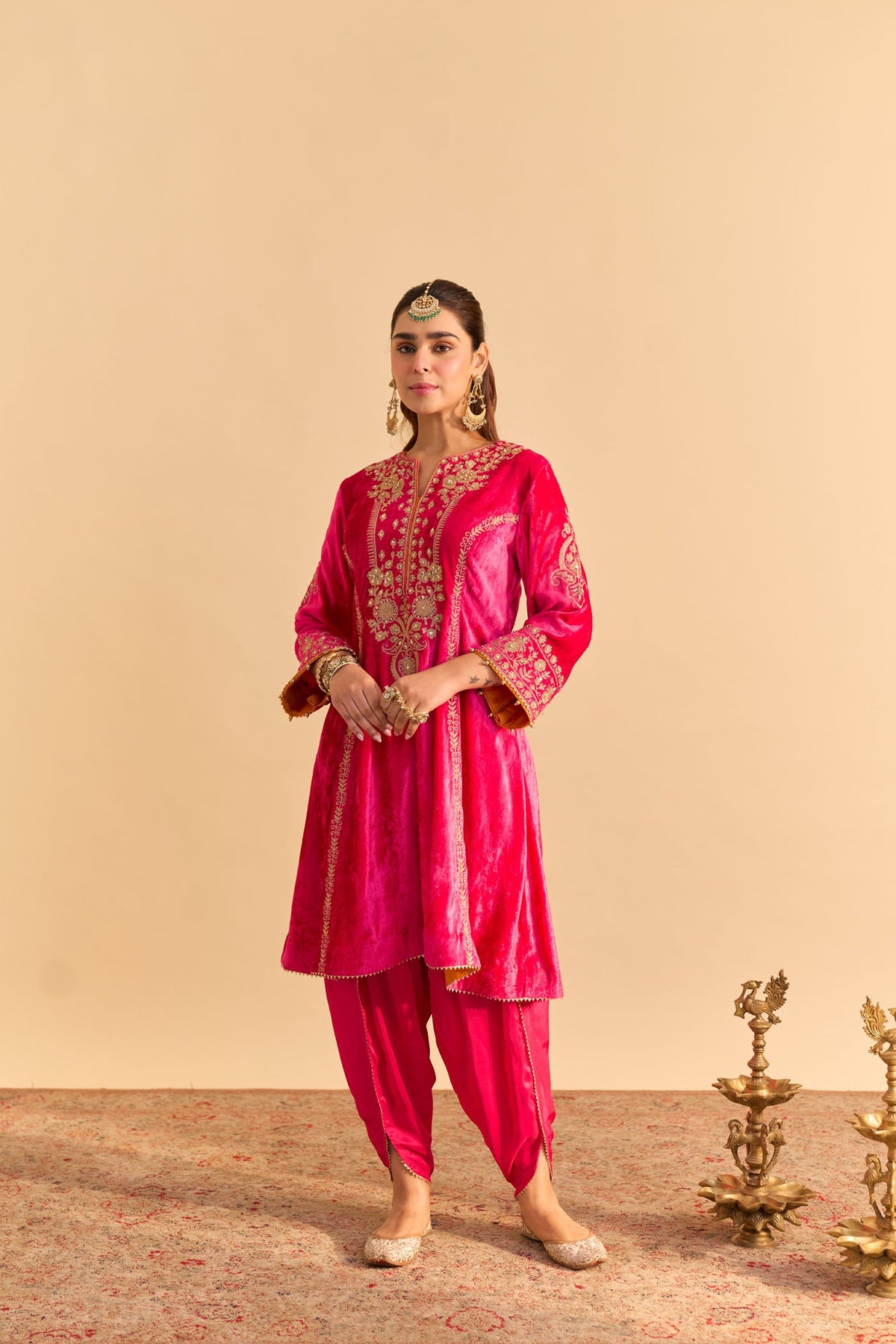 Ziara - Silk Velvet Rani Hotpink Kurta with Dhoti
