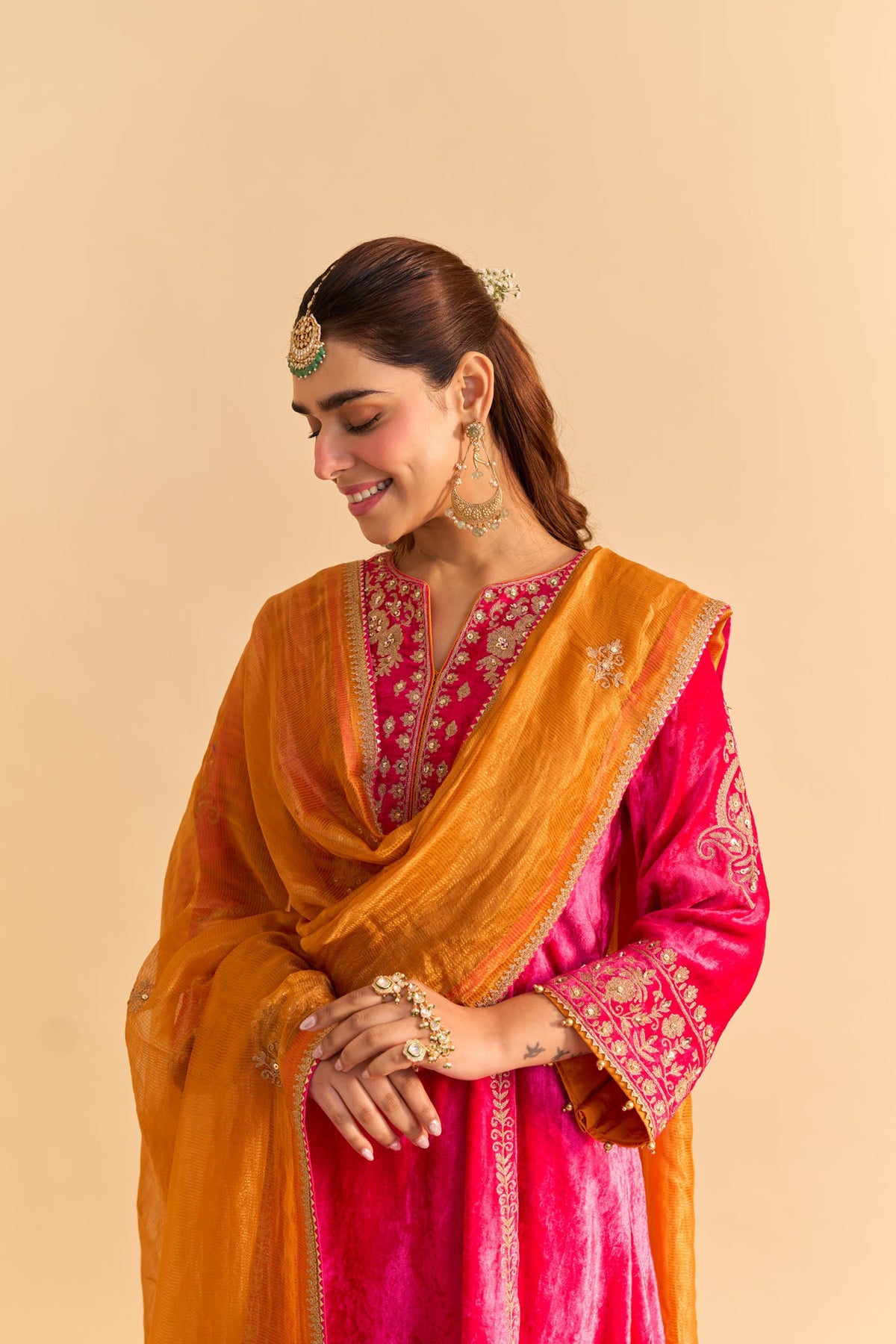 Ziara - Silk Velvet Rani Hotpink Kurta with Dhoti