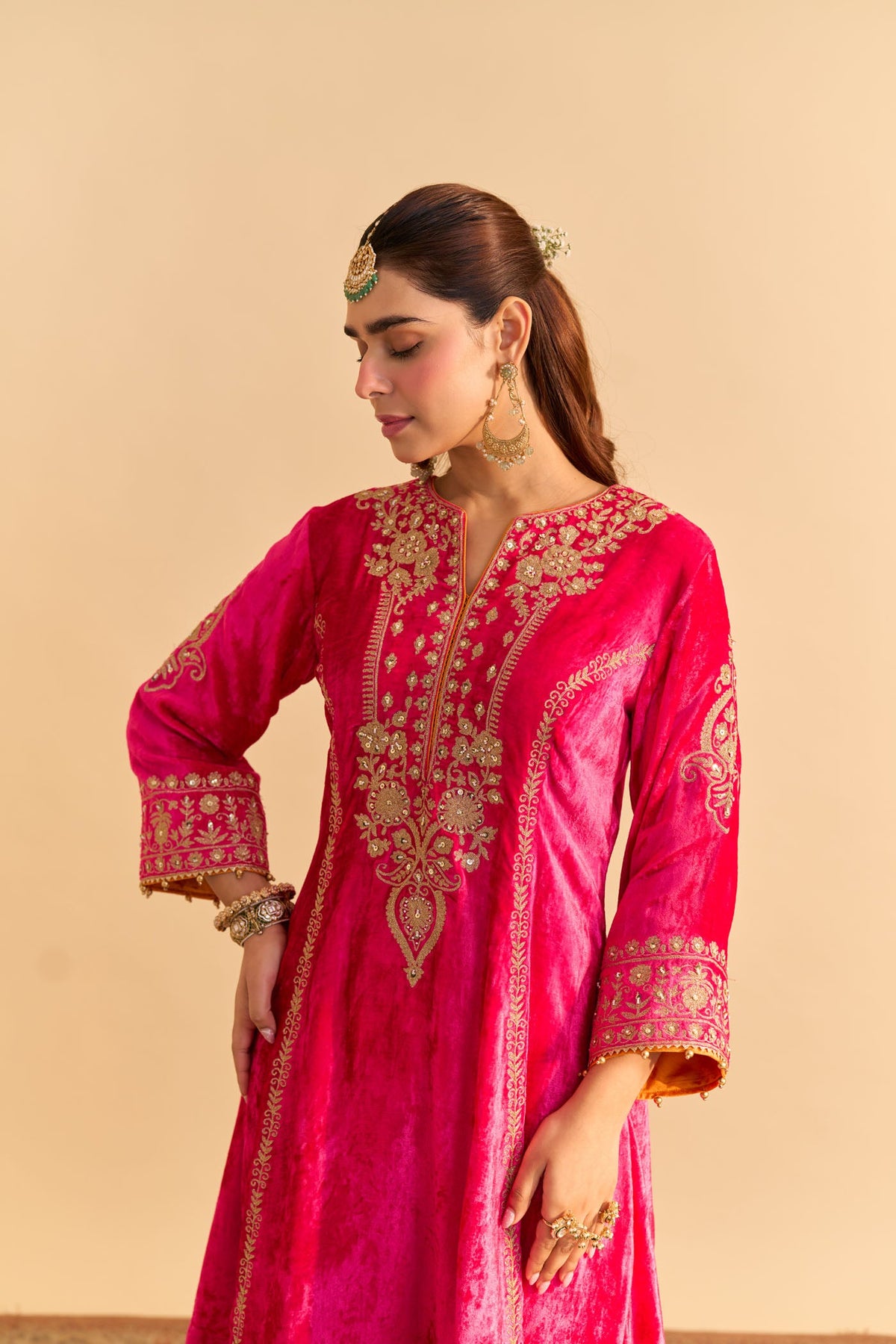 Ziara - Silk Velvet Rani Hotpink Kurta with Dhoti