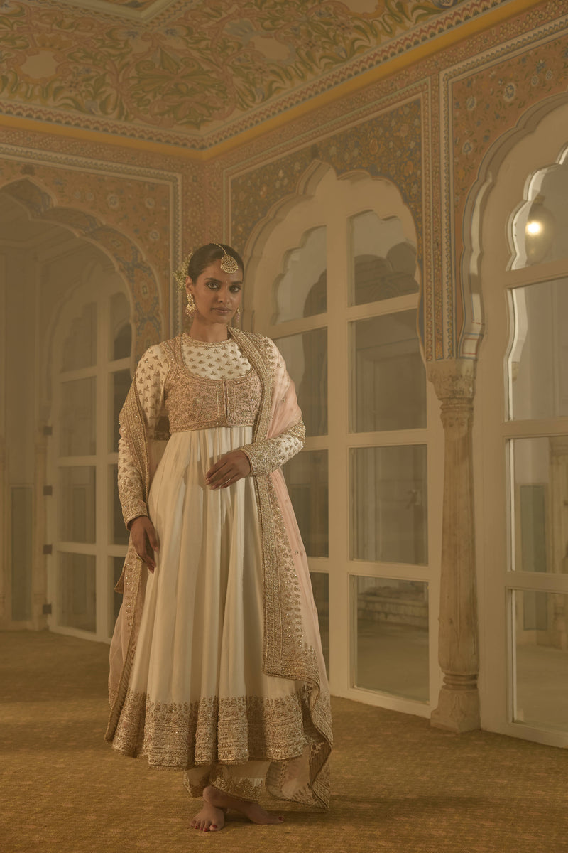 Noor - Dabka Zardozi Embroidered Chanderi Silk Daisy Ivory Anarkali Set
