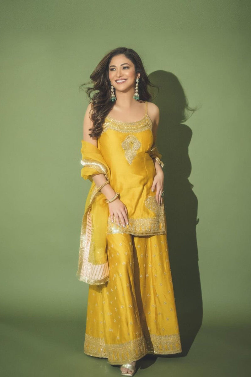 Riddhima Pandit In AABROO - Glaze Mustard SHORT KURTA WITH SHARARA AND DUPATTA