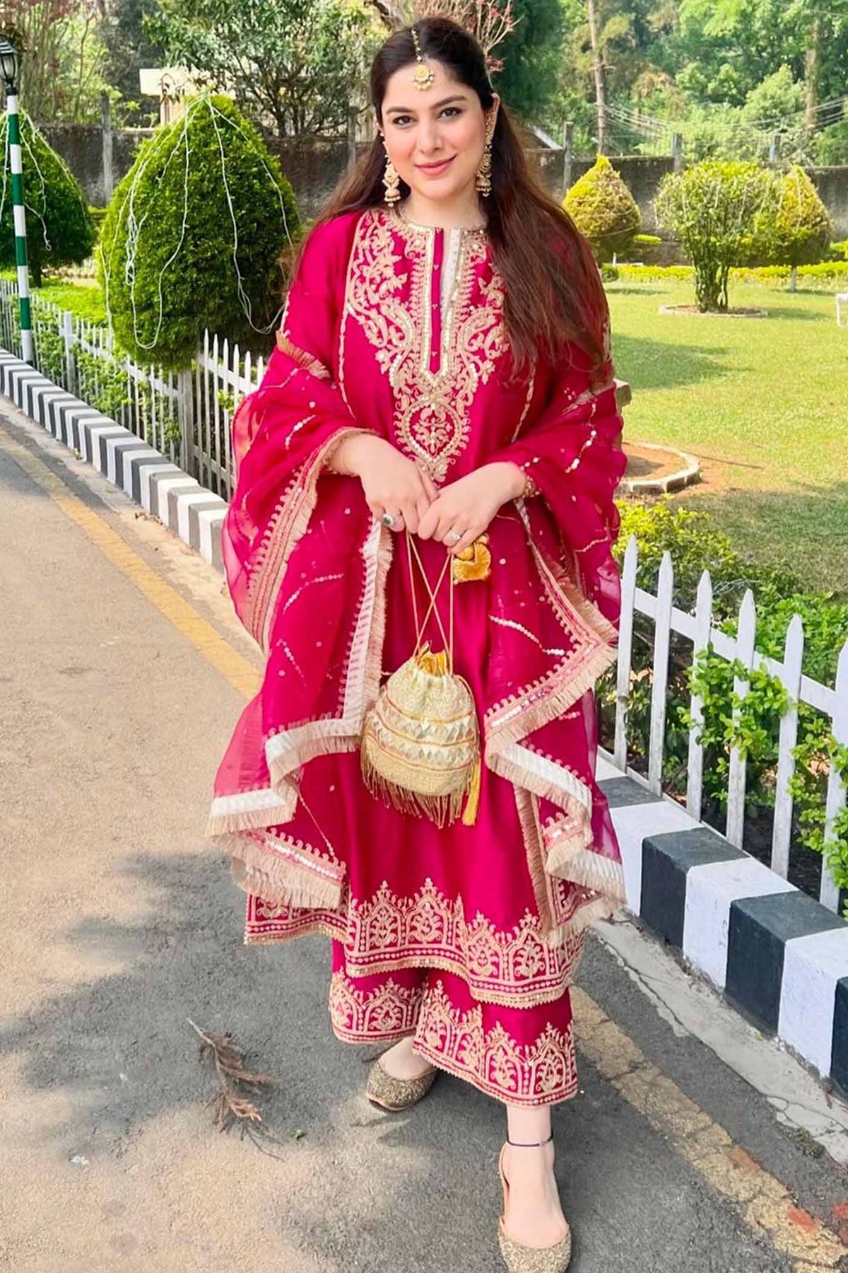 Guntas Sethi In MAHIKA - Rani Hotpink LONG KURTA WITH PALAZZO AND DUPATTA