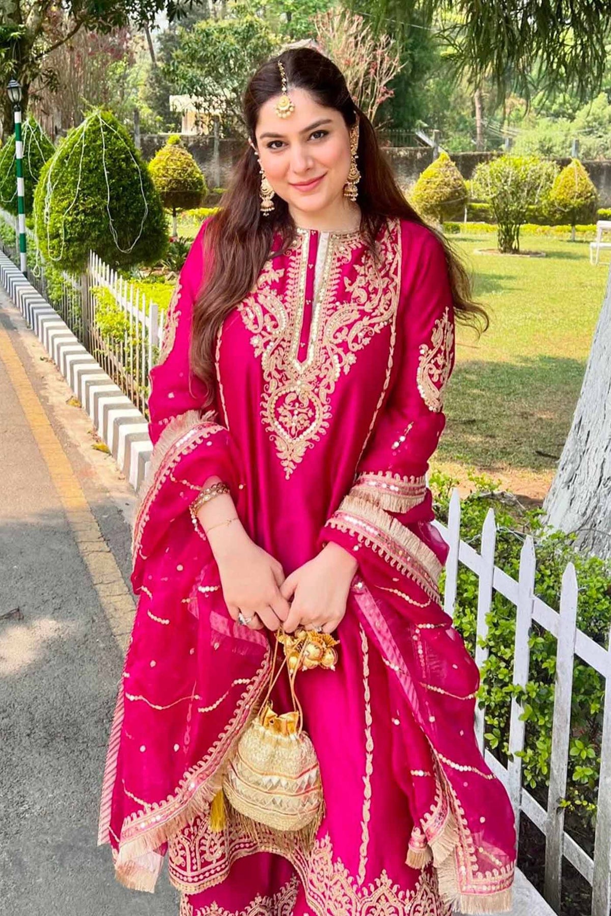 Guntas Sethi In MAHIKA - Rani Hotpink LONG KURTA WITH PALAZZO AND DUPATTA