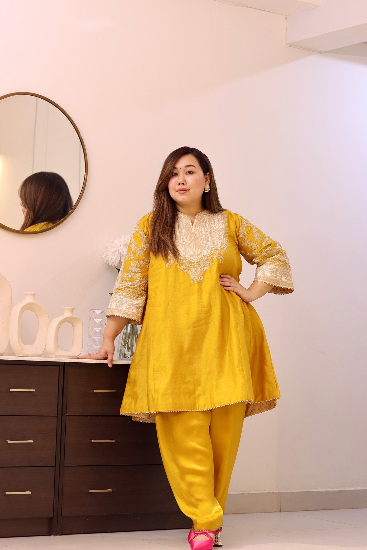 SHRADDHA GURUNG IN MOHSINA - Glaze Mustard SHORT KALIDAAR CHOGA WITH SALWAR