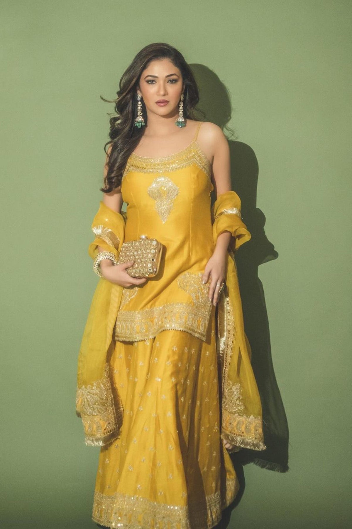 Riddhima Pandit In AABROO - Glaze Mustard SHORT KURTA WITH SHARARA AND DUPATTA