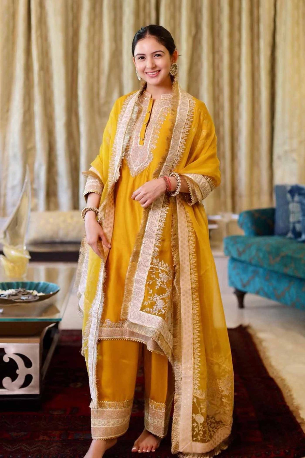RESHAM - GLAZE MUSTARD SHORT KURTA WITH SALWAR AND DUPATTA (LXRTS)