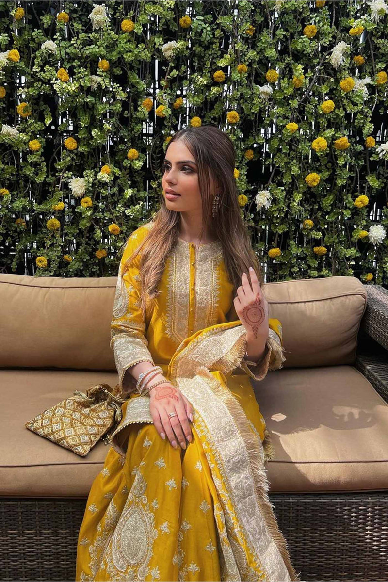 Muskan Chanana In RAINA - Glaze Mustard SHORT KURTA WITH SHARARA AND ODHNI