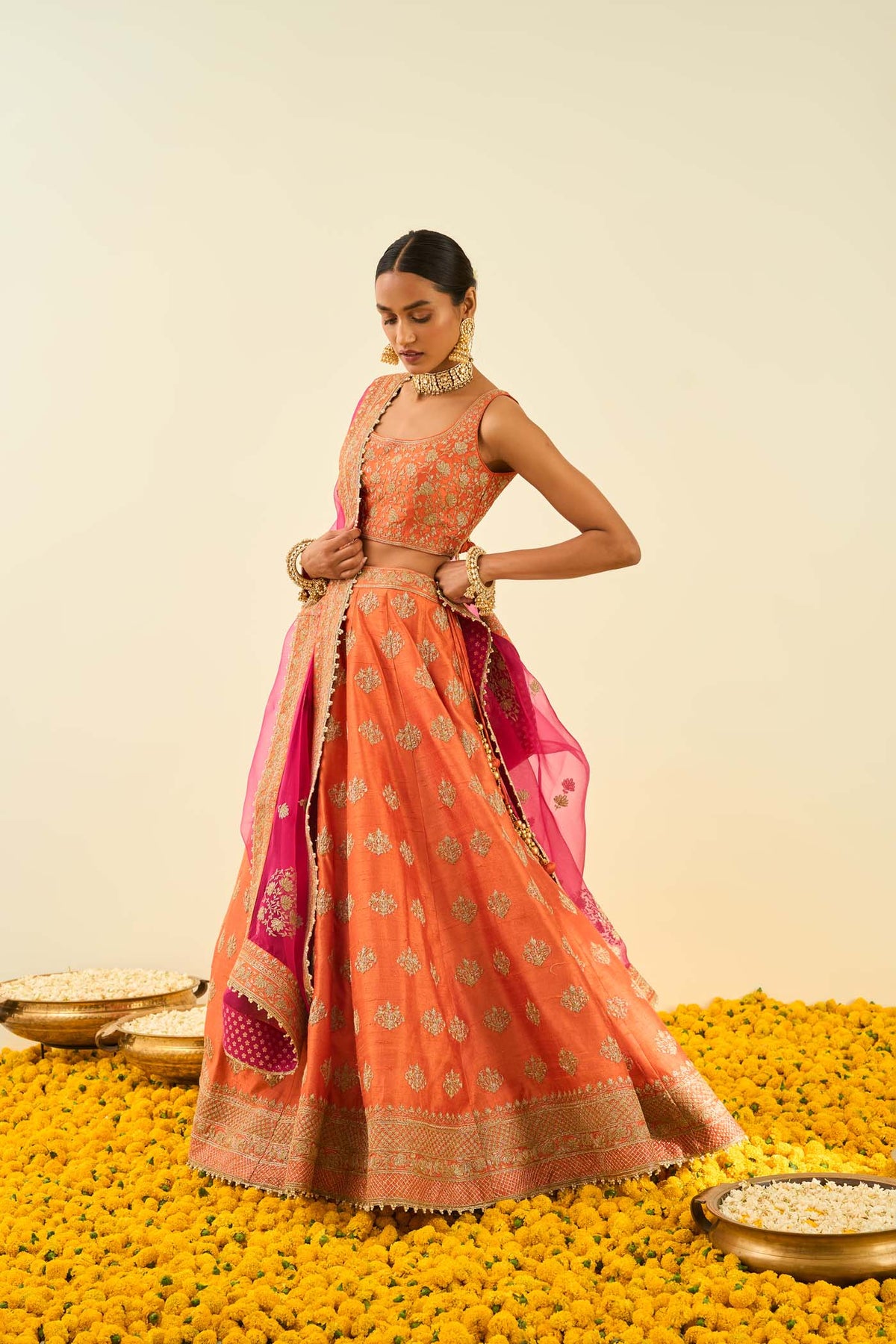 Mahira Burnt Orange Kashmiri tilla lehenga with blouse and dupatta