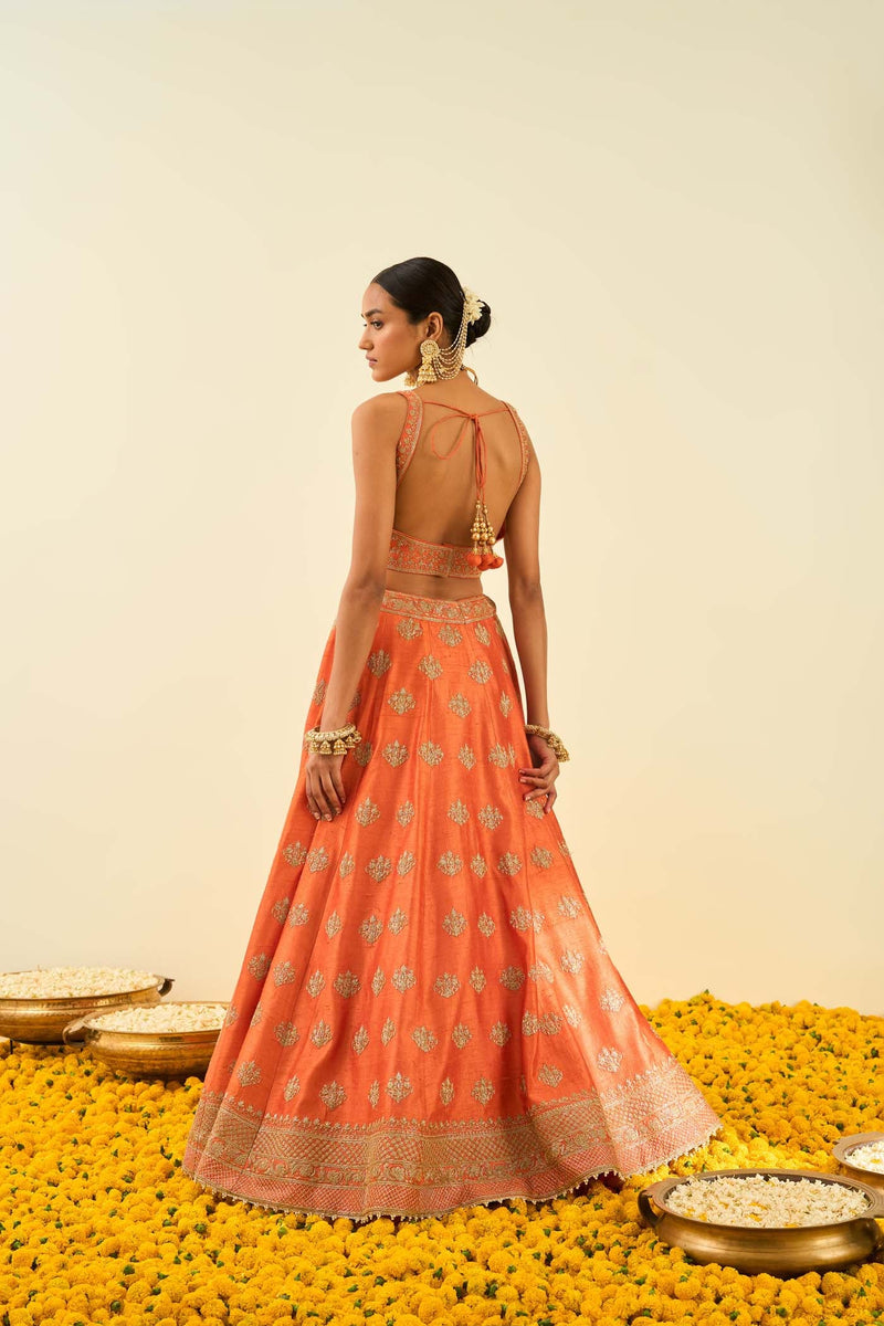 Mahira Burnt Orange Kashmiri tilla lehenga with blouse and dupatta