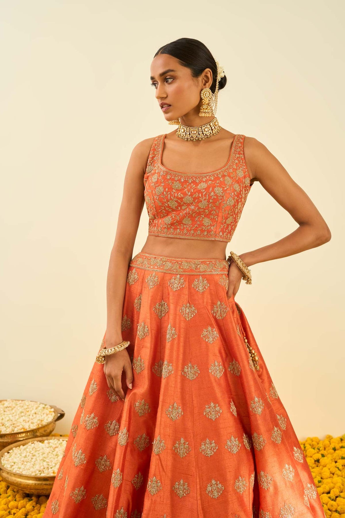 Mahira Burnt Orange Kashmiri tilla lehenga with blouse and dupatta
