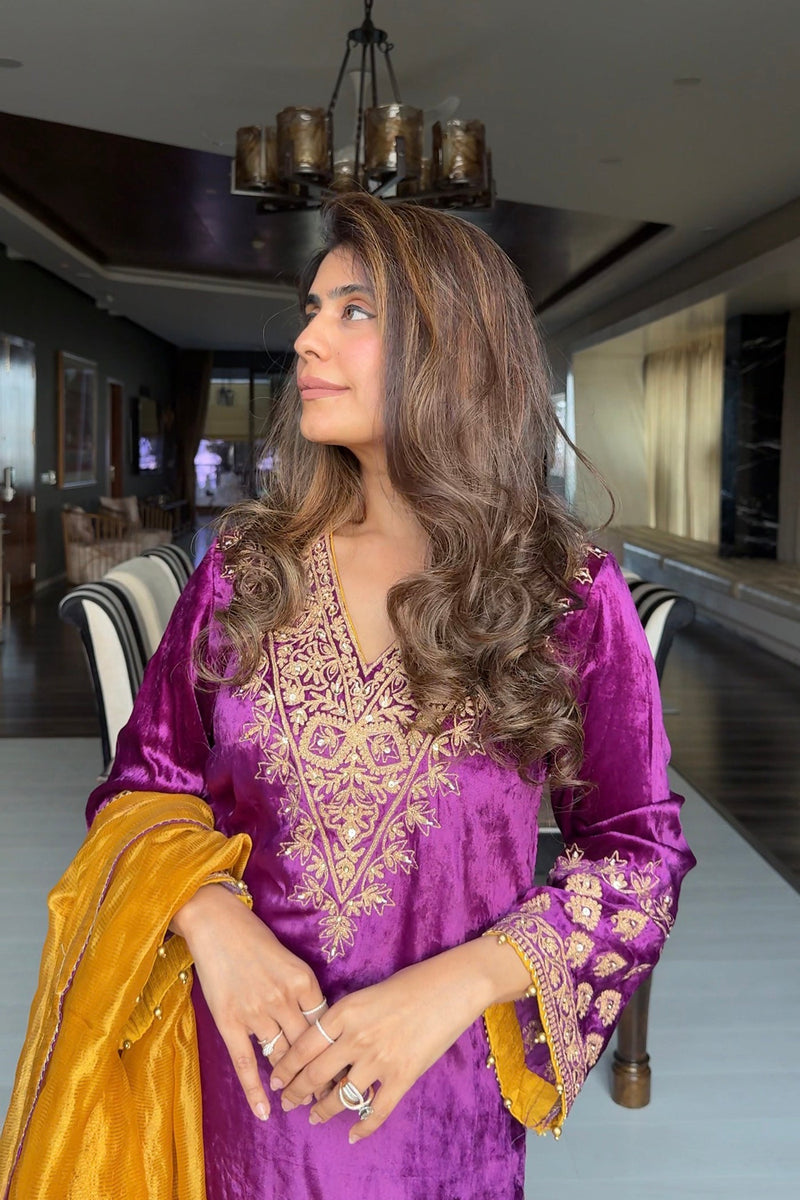 Mehel Kejriwal In Aynaz - Silk Velvet Deep Purple Kurta with Salwar