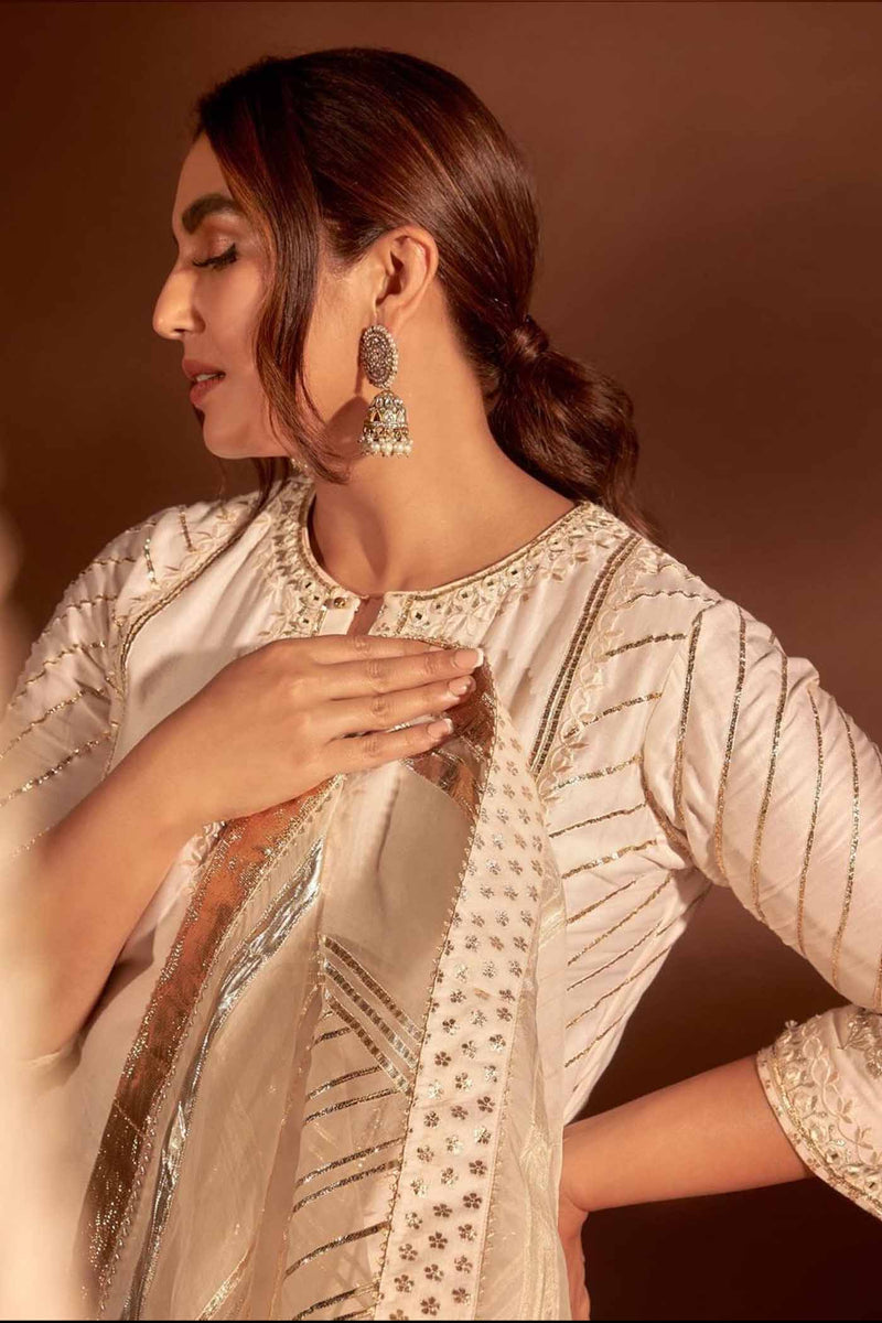Eliza - Daisy Ivory Chanderi Silk Kurta and Garara Set with Organza dupatta