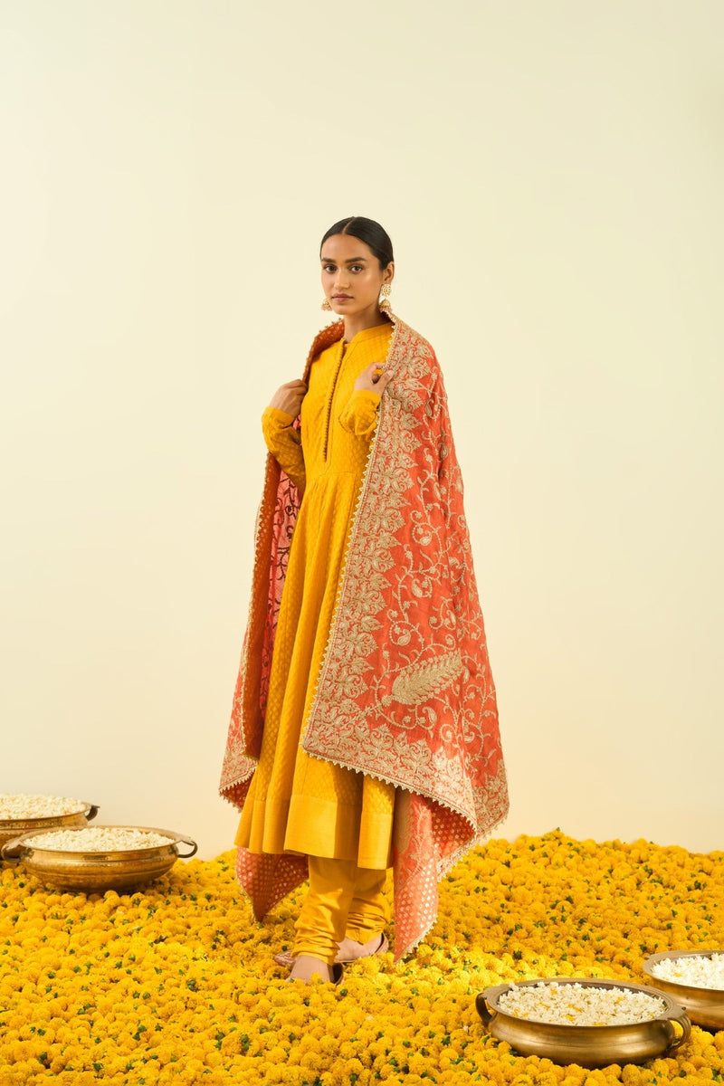 Pumpkin Orange Paisley Tilla Embroidery Odhni