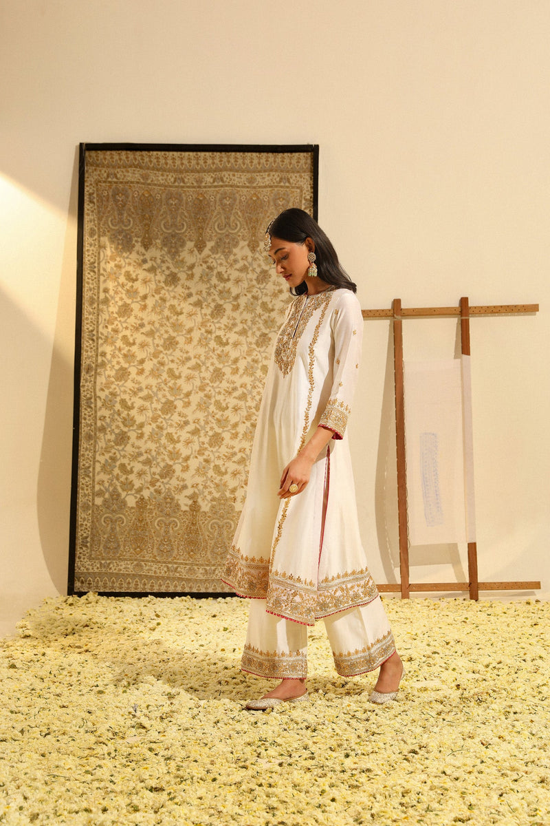 Shiza - Daisy Ivory Hand Embroidered Long kurta with palazzo and dupatta