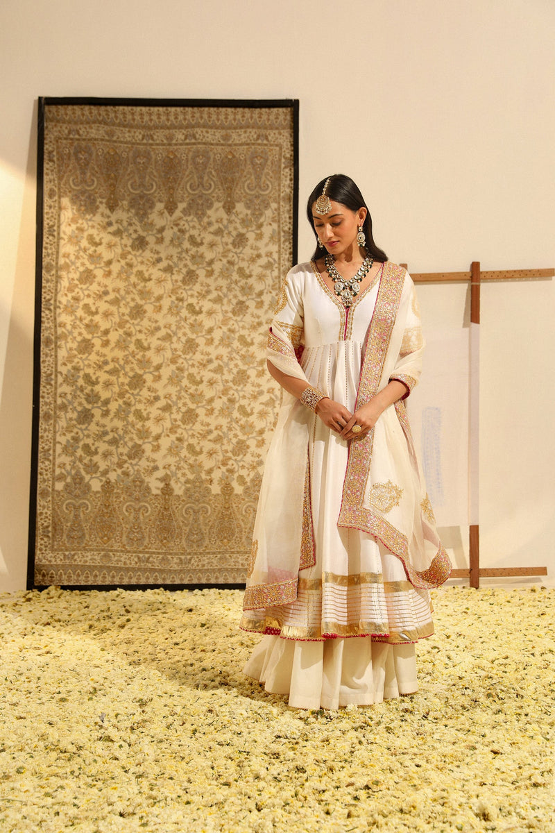 Shaiz - Daisy Ivory Hand Embroidered Anarkali with Skirt and Dupatta