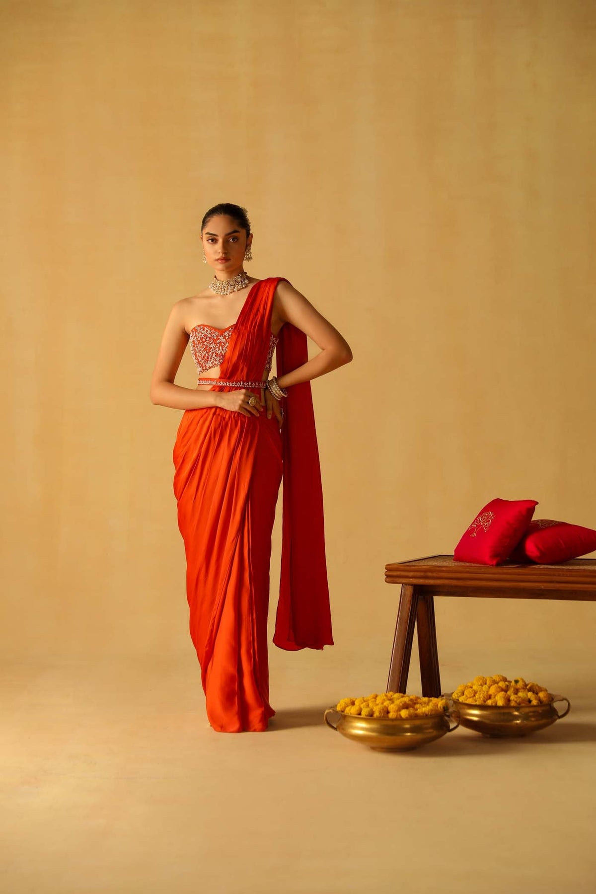 Vedika Mehta In Rumaan - Burnt Orange Drape Saree Set