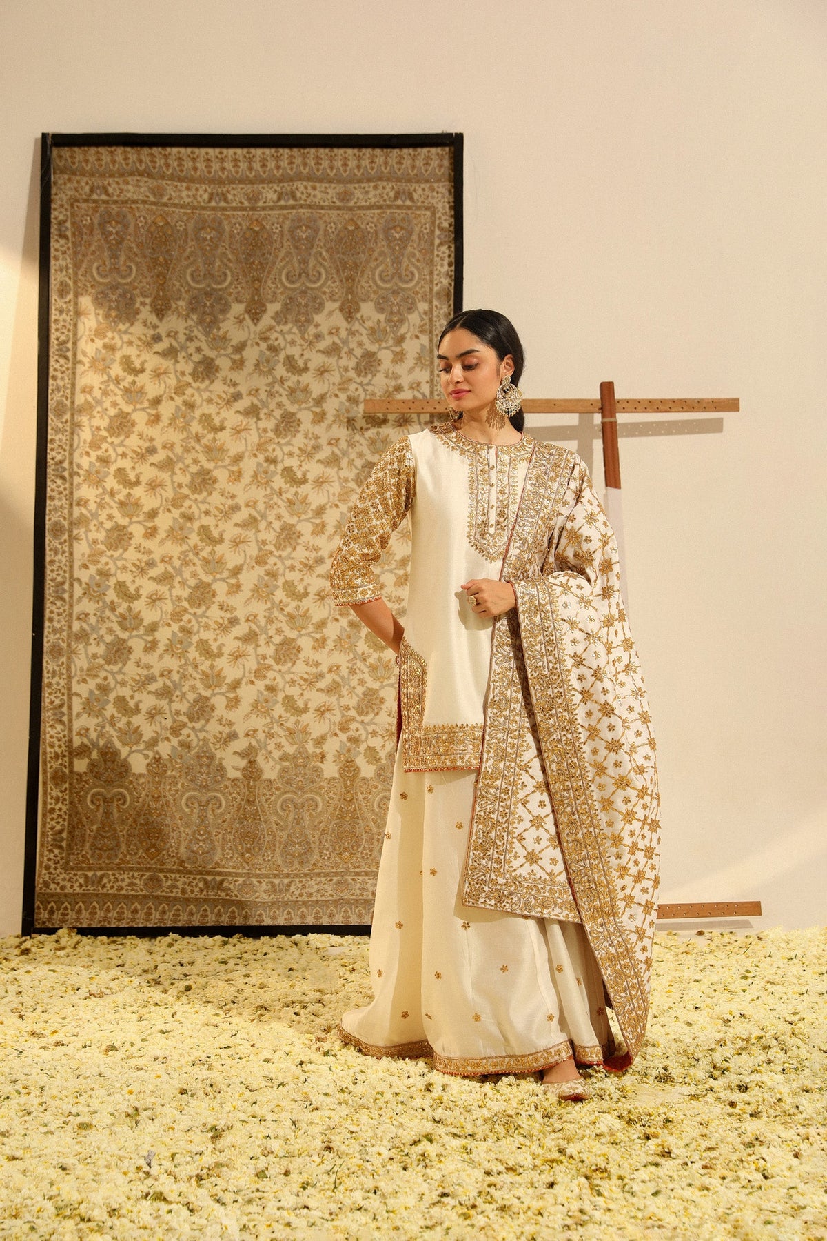 Shadaab - Daisy Ivory Hand Embroidered Kurta with Sharara and Odhni