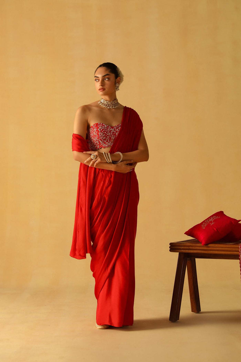 Rumaan - Deep Red Drape Saree Set