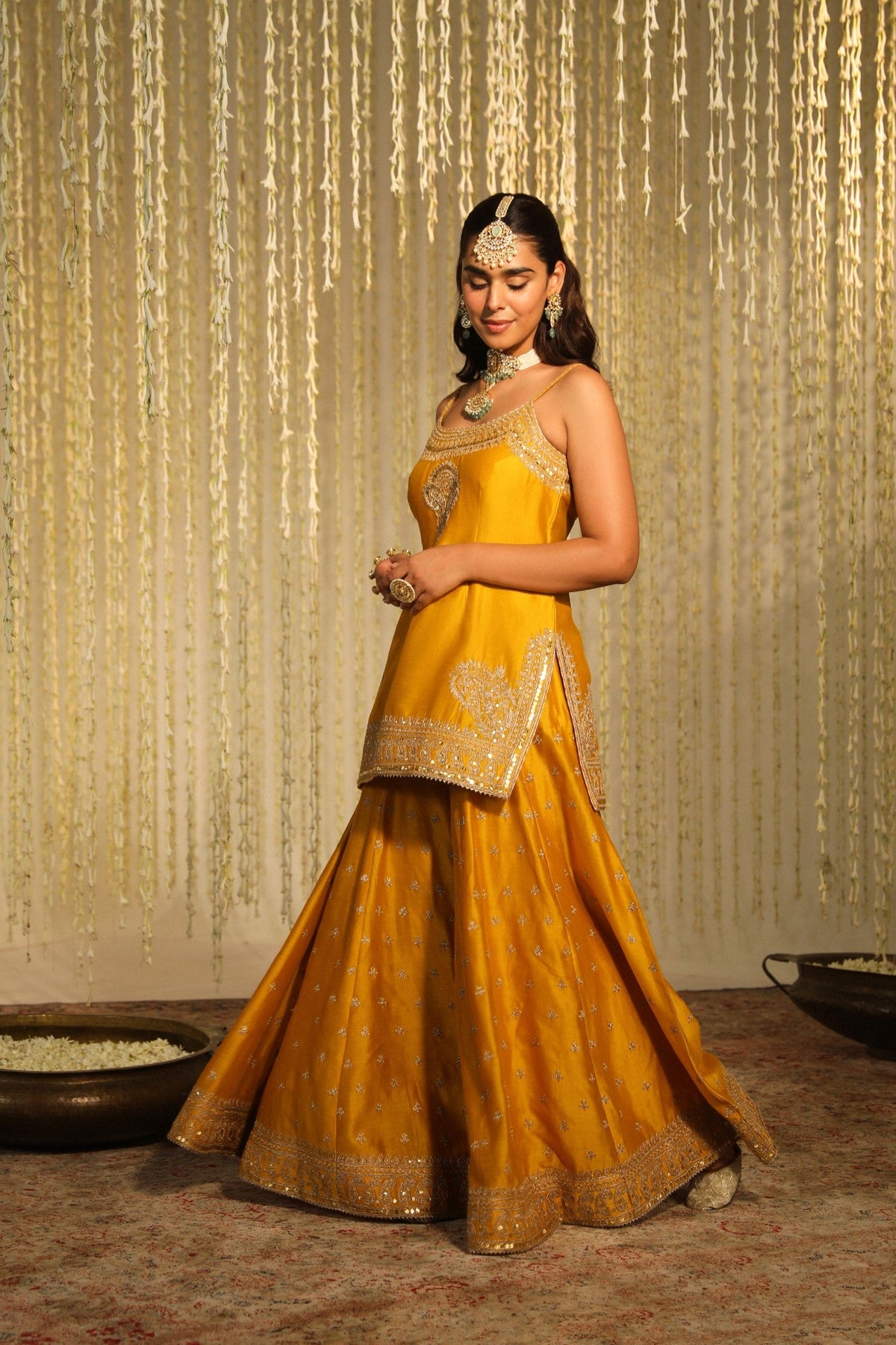 Shruti Juneja In AABROO - Glaze Mustard SHORT KURTA WITH SHARARA AND DUPATTA