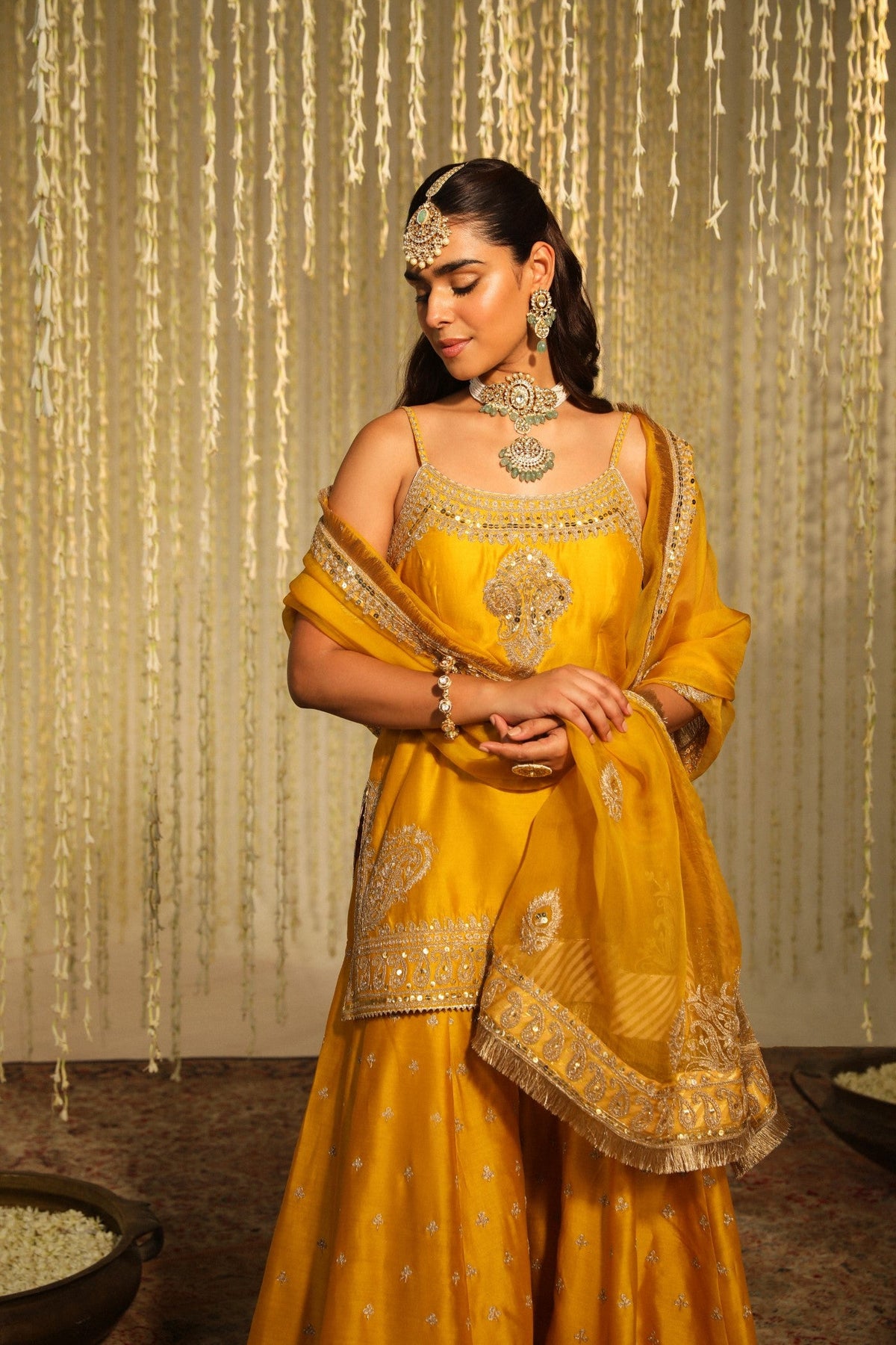 Shruti Juneja In AABROO - Glaze Mustard SHORT KURTA WITH SHARARA AND DUPATTA
