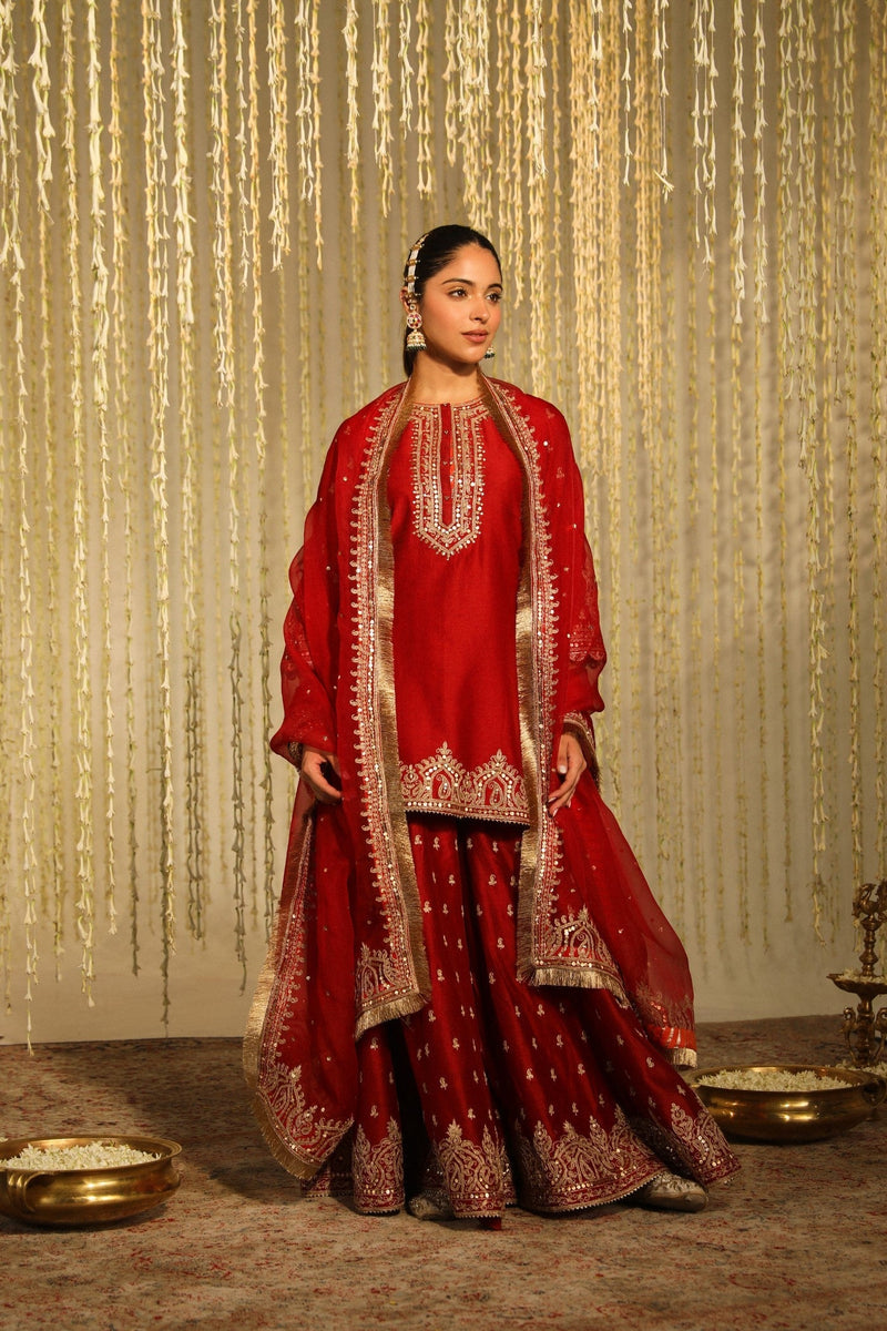 MISHIKA - DEEP RED KURTA WITH SHARARA AND DUPATTA (LXRTS)