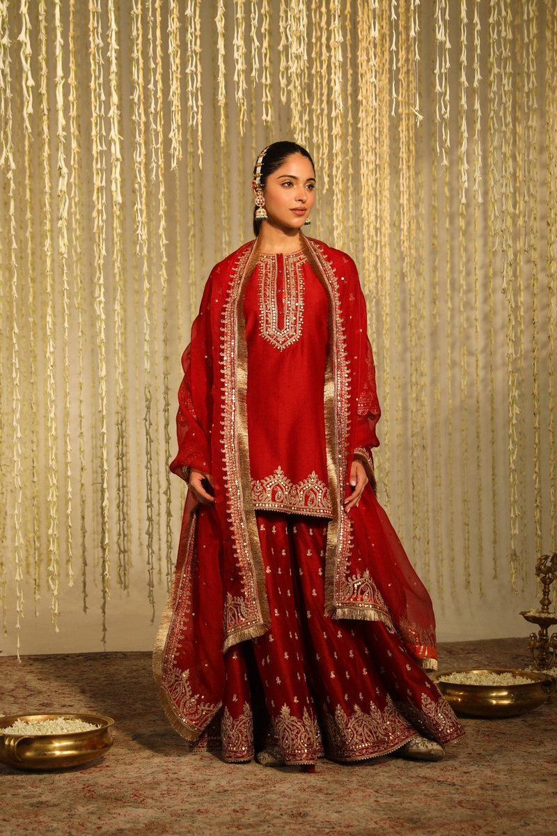 MEHAL KEJRIWAL in MISHIKA - DEEP RED KURTA WITH SHARARA AND DUPATTA