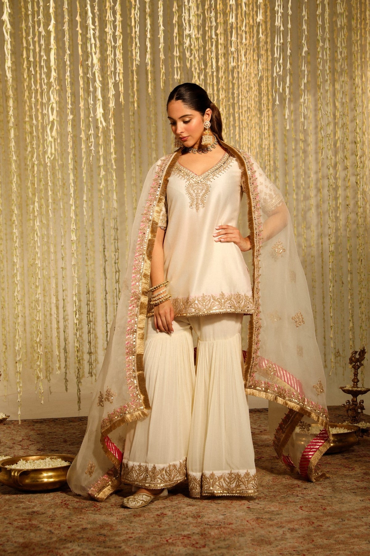 AAIRA - DAISY IVORY SHORT KURTA WITH GARARA AND DUPATTA