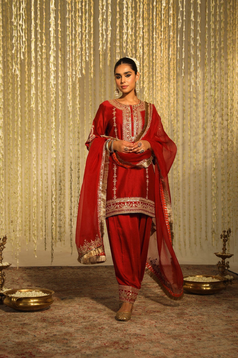 MEHAK - DEEP RED SHORT KURTA WITH SALWAR AND DUPATTA (LXRTS)