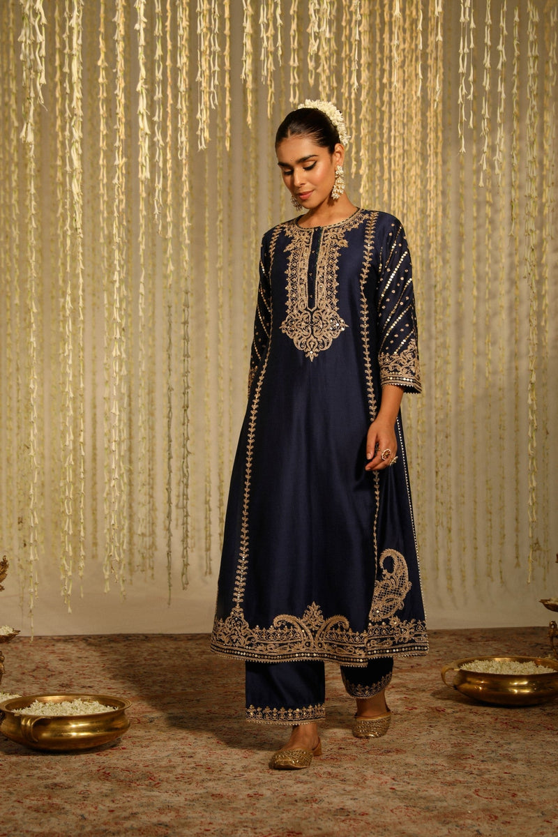 SABIRAH - DEEP BLUE LONG KURTA WITH PALAZZO AND DUPATTA (LXRTS)