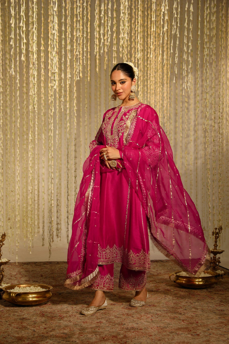 MAHIKA - Rani Hotpink LONG KURTA WITH PALAZZO AND DUPATTA